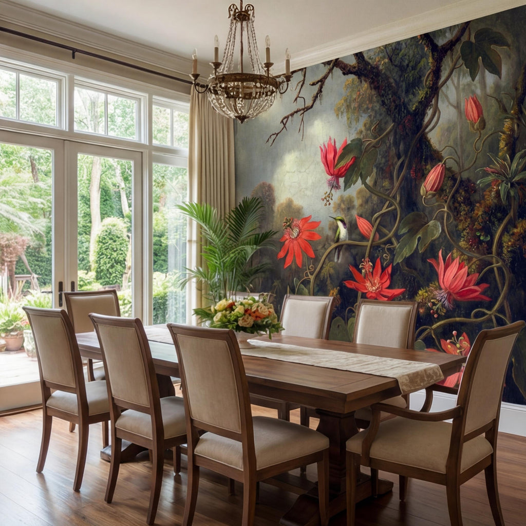 Vintage Tropical Jungle Hummingbird Peel and Stick Wall Mural, Old Master Syle Red Flowers Botanical Art Wallpaper