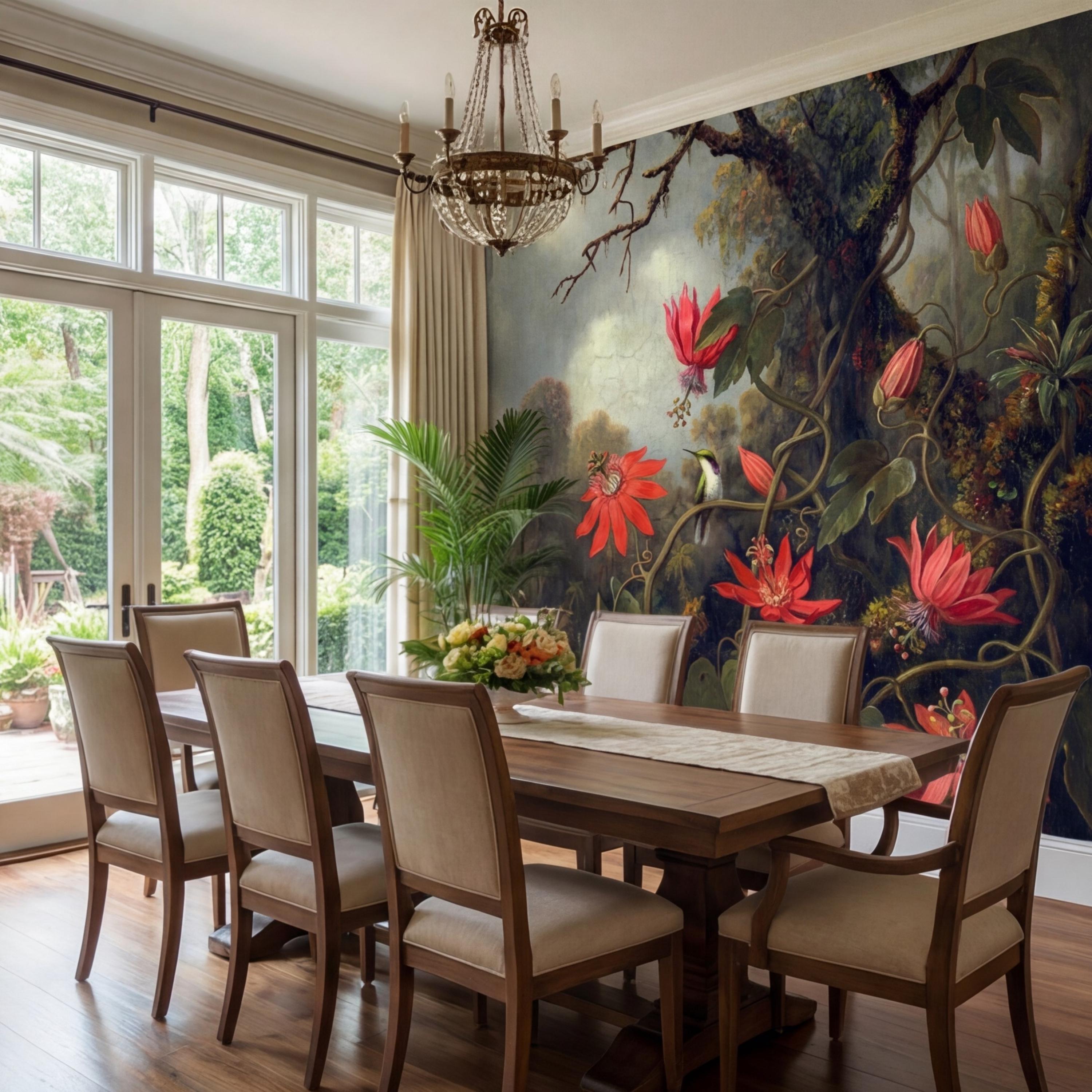 Vintage Tropical Jungle Hummingbird Peel and Stick Wall Mural, Old Master Syle Red Flowers Botanical Art Wallpaper