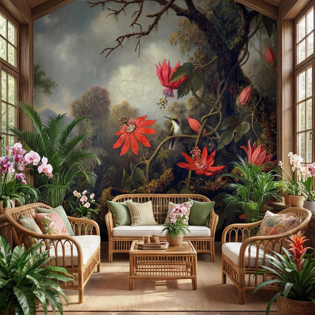 Vintage Tropical Jungle Hummingbird Peel and Stick Wall Mural, Old Master Syle Red Flowers Botanical Art Wallpaper