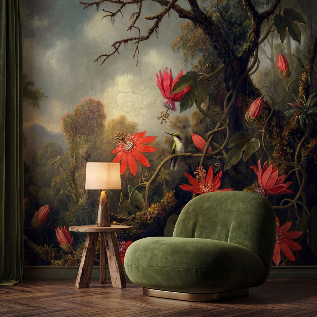 Vintage Tropical Jungle Hummingbird Peel and Stick Wall Mural, Old Master Syle Red Flowers Botanical Art Wallpaper