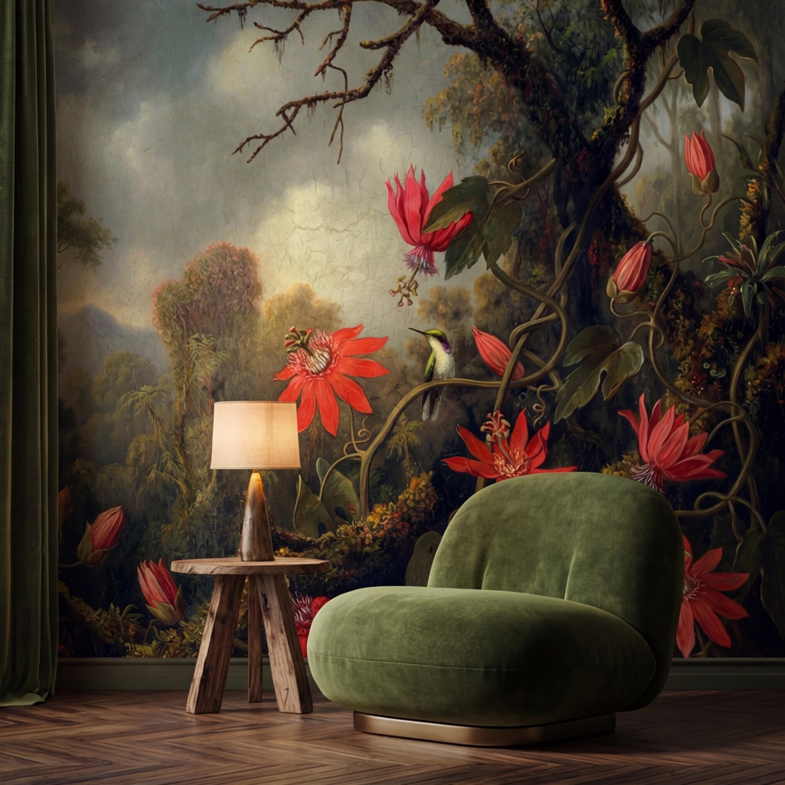 Vintage Tropical Jungle Hummingbird Peel and Stick Wall Mural, Old Master Syle Red Flowers Botanical Art Wallpaper