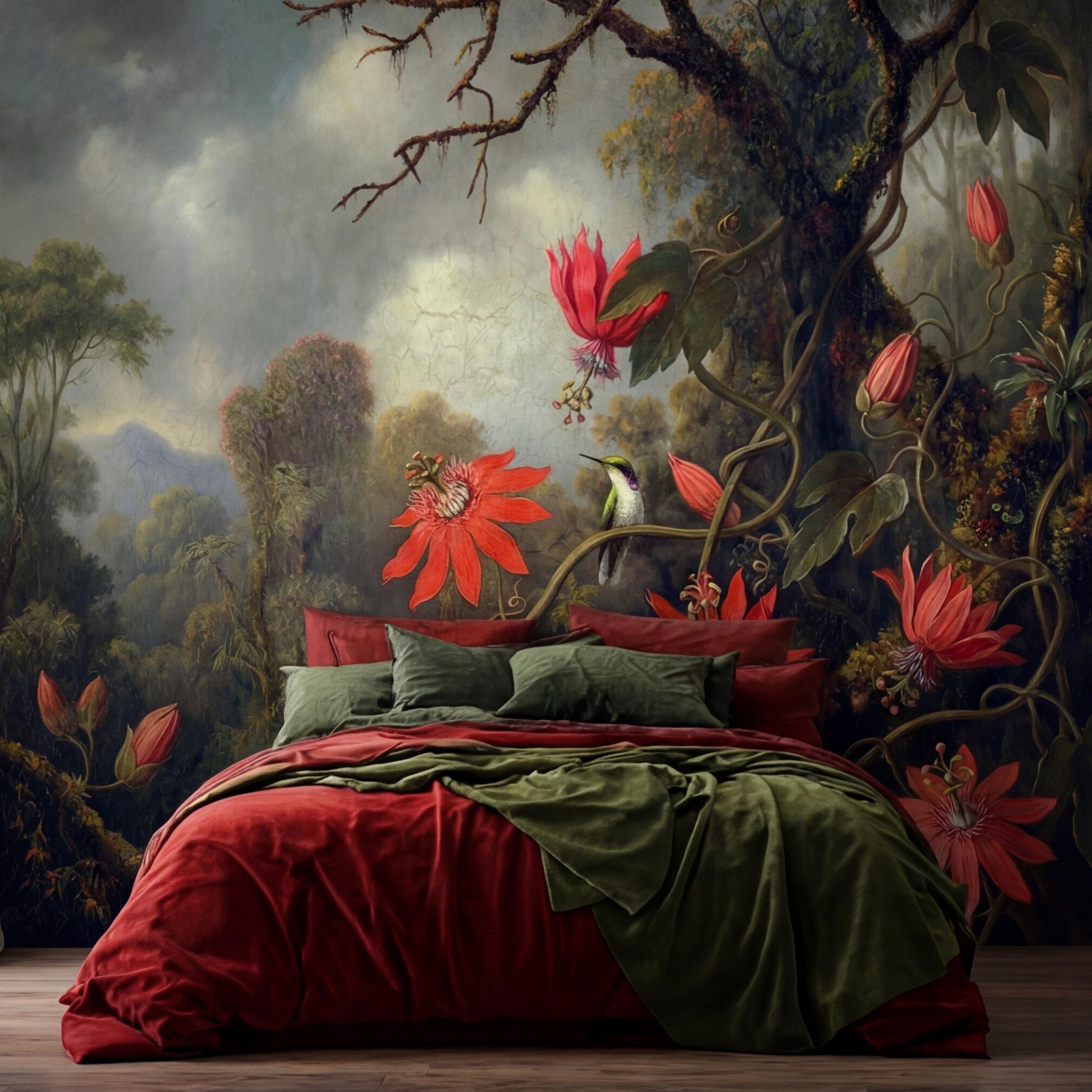 Vintage Tropical Jungle Hummingbird Peel and Stick Wall Mural, Old Master Syle Red Flowers Botanical Art Wallpaper