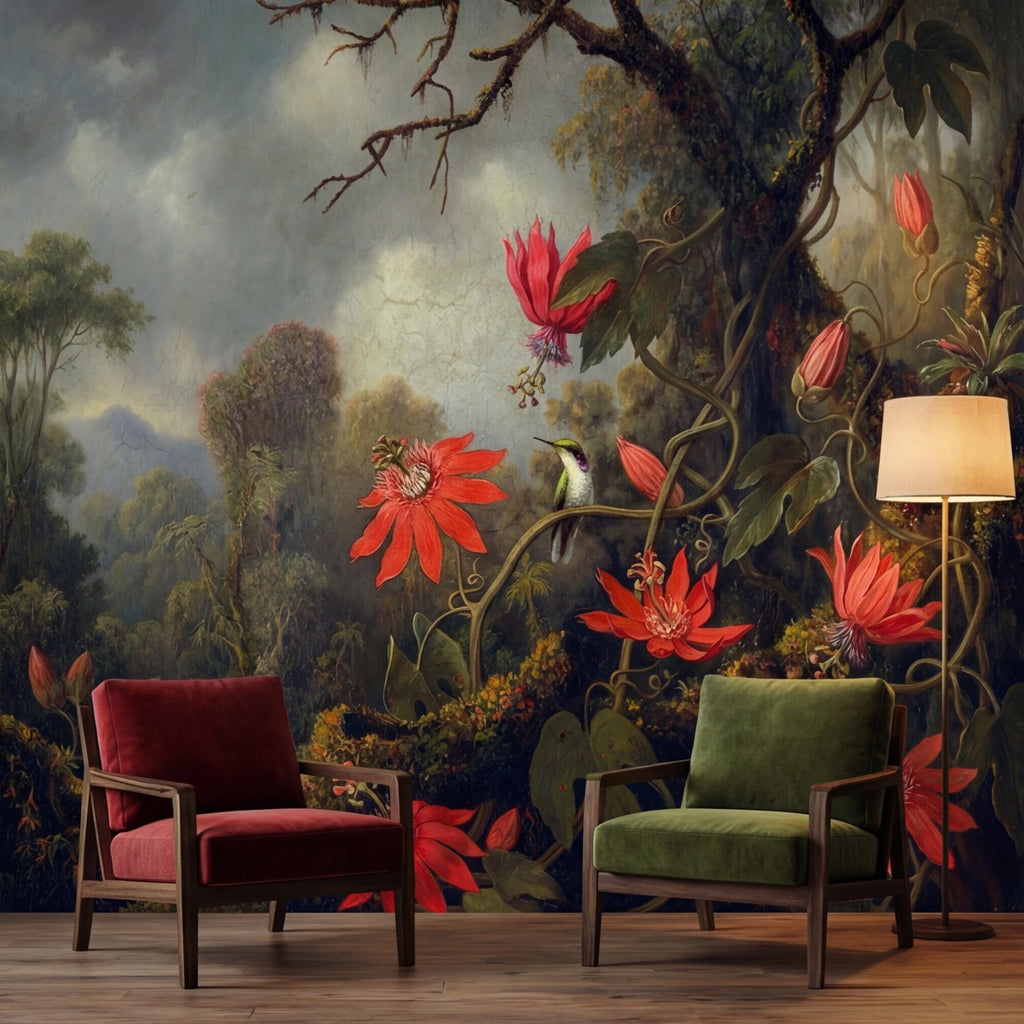 Vintage Tropical Jungle Hummingbird Peel and Stick Wall Mural, Old Master Syle Red Flowers Botanical Art Wallpaper