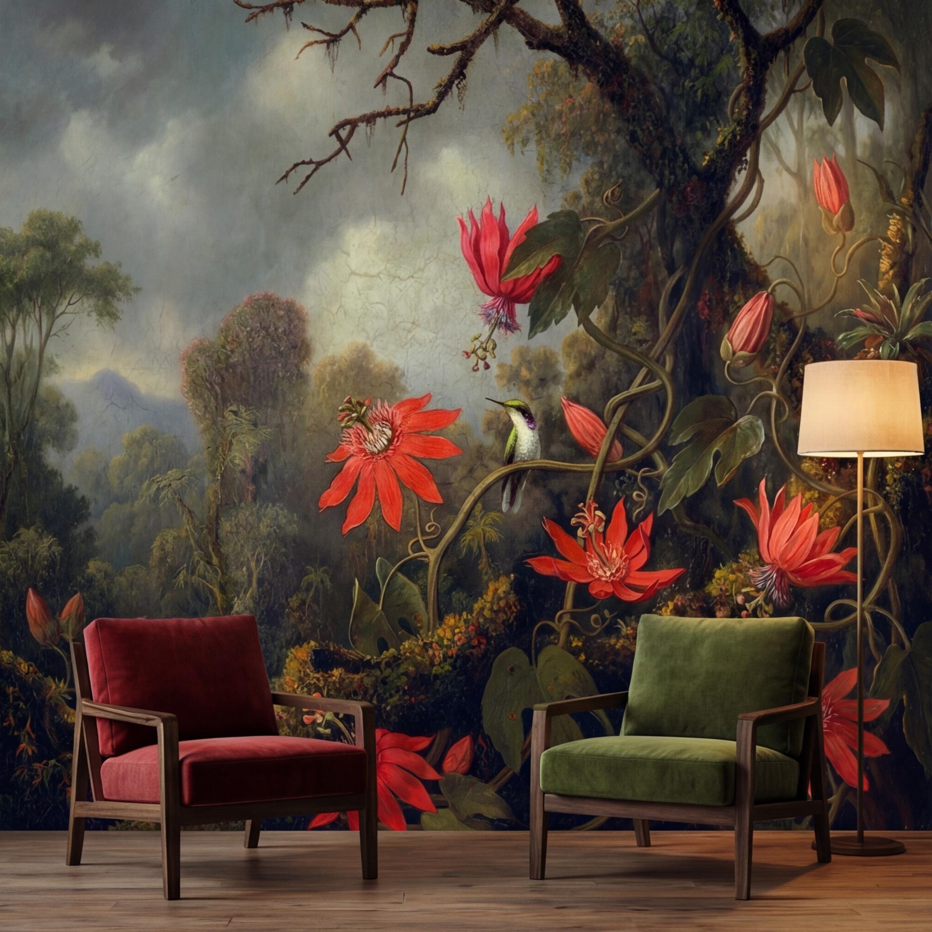 Vintage Tropical Jungle Hummingbird Peel and Stick Wall Mural, Old Master Syle Red Flowers Botanical Art Wallpaper