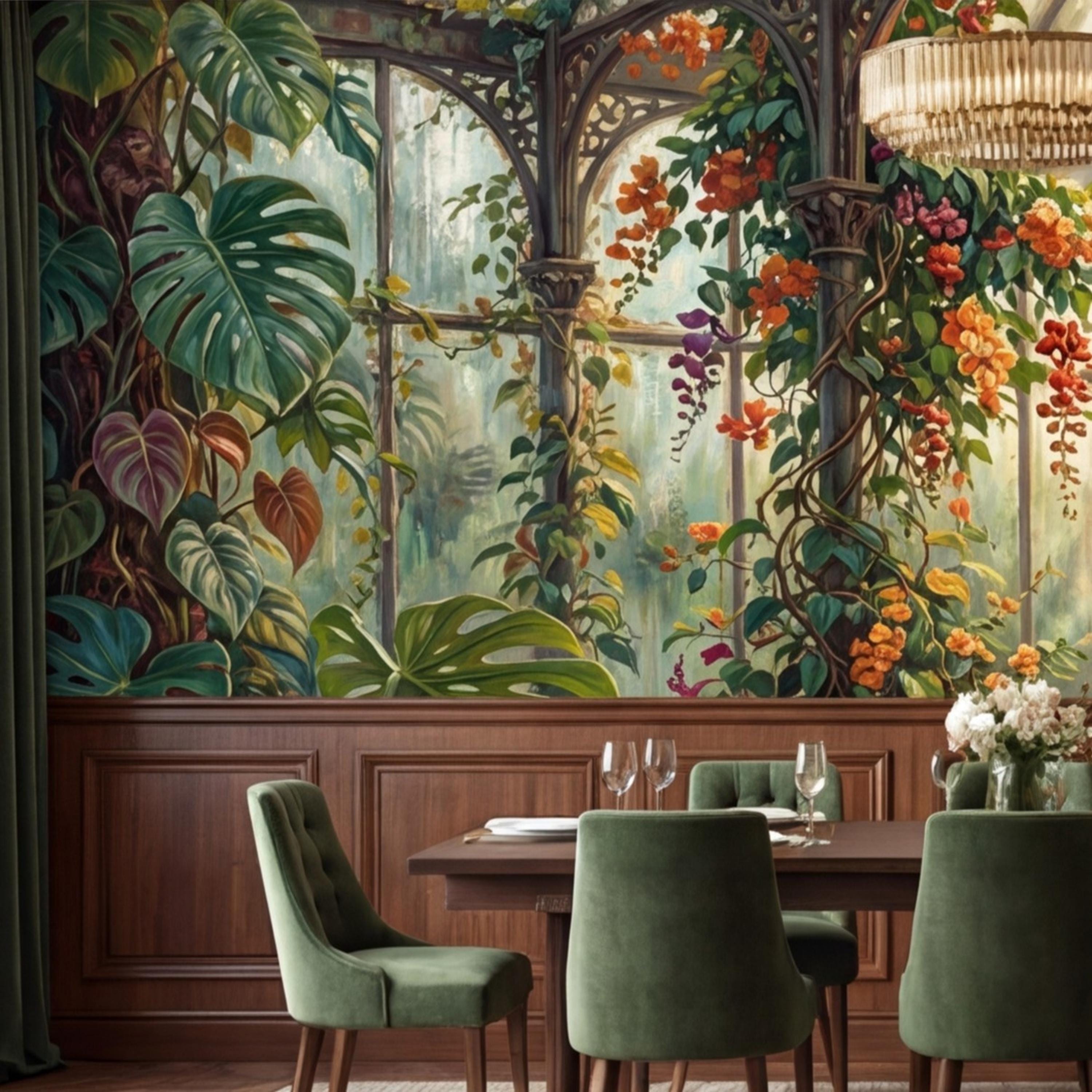 Tropical Greenhouse Jungle Wall Mural Peel and Stick Removable Botanical Wallpaper, Monstera Banana Palm Conservatory