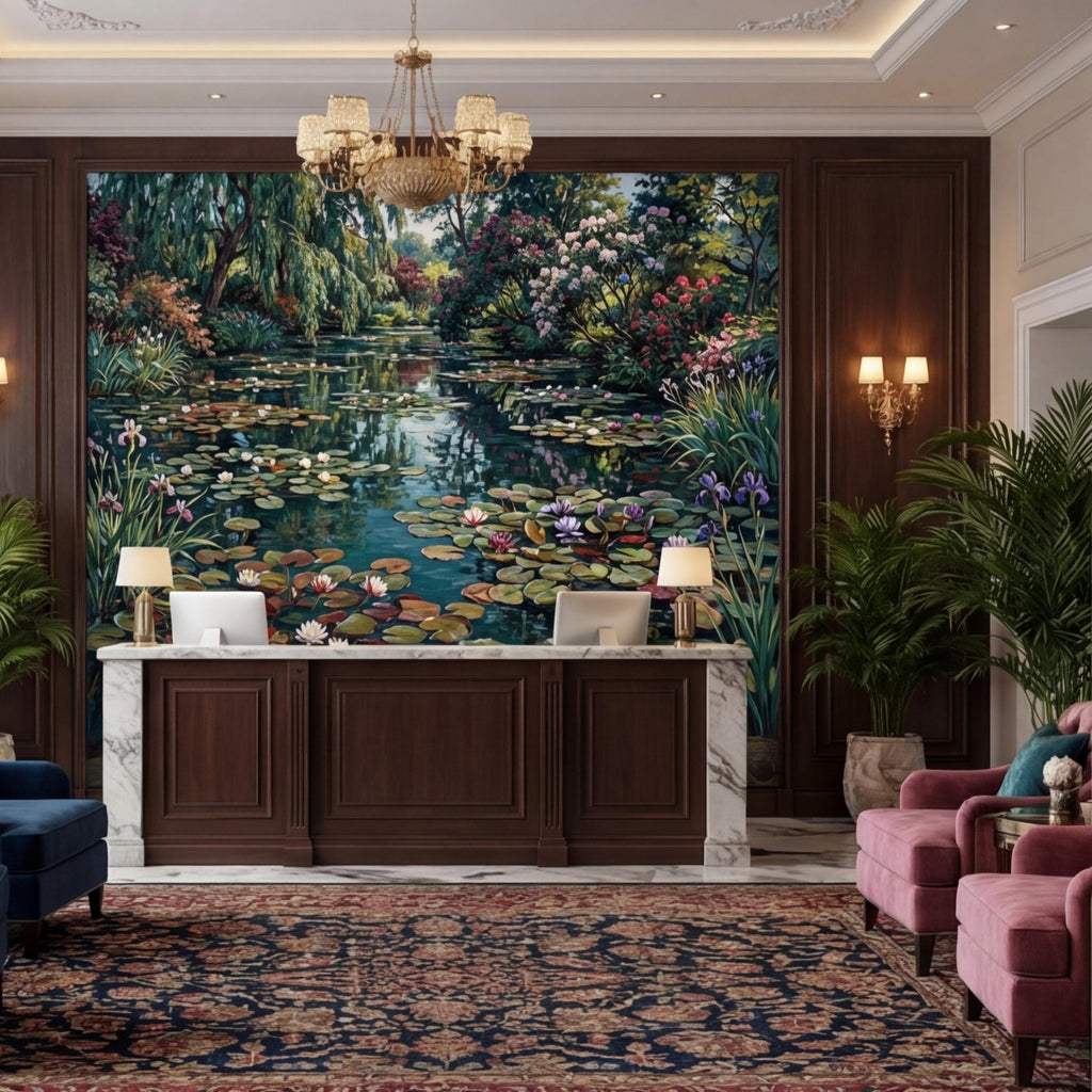 Water Lily Pond Wall Mural Peel and Stick Monet Garden Removable Wallpaper, Floral Lake Landscape Mural Bedroom Living Room