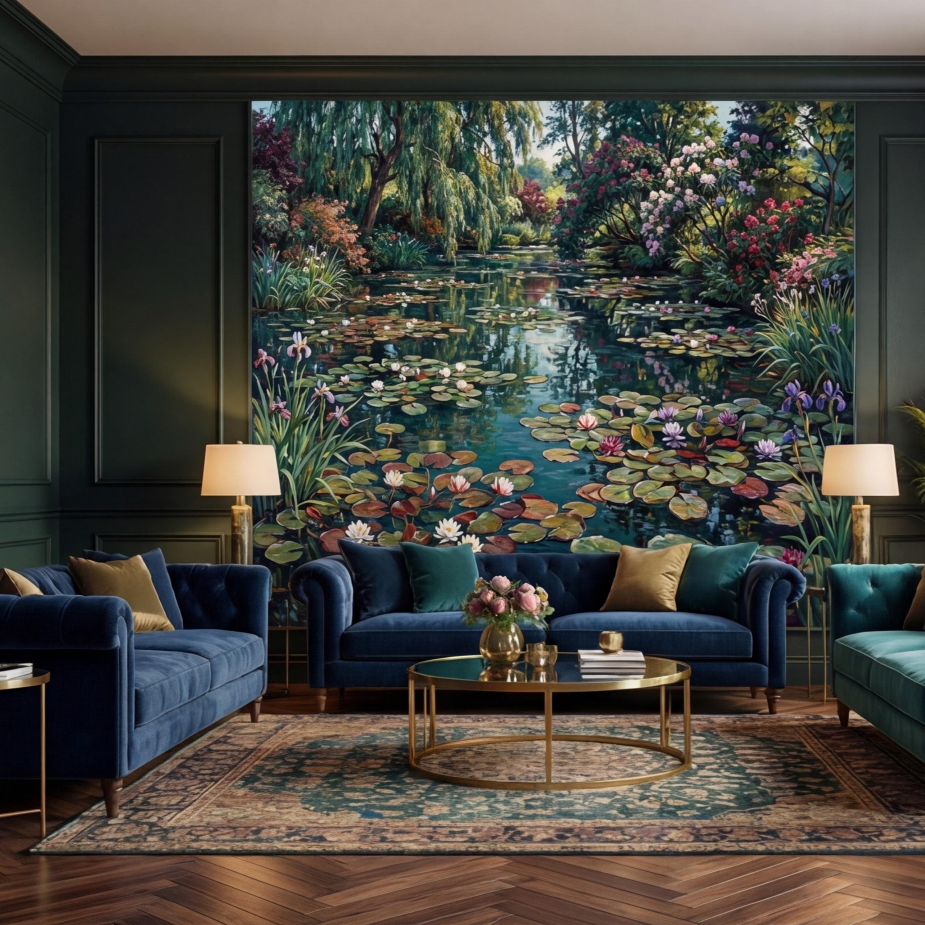 Water Lily Pond Wall Mural Peel and Stick Monet Garden Removable Wallpaper, Floral Lake Landscape Mural Bedroom Living Room
