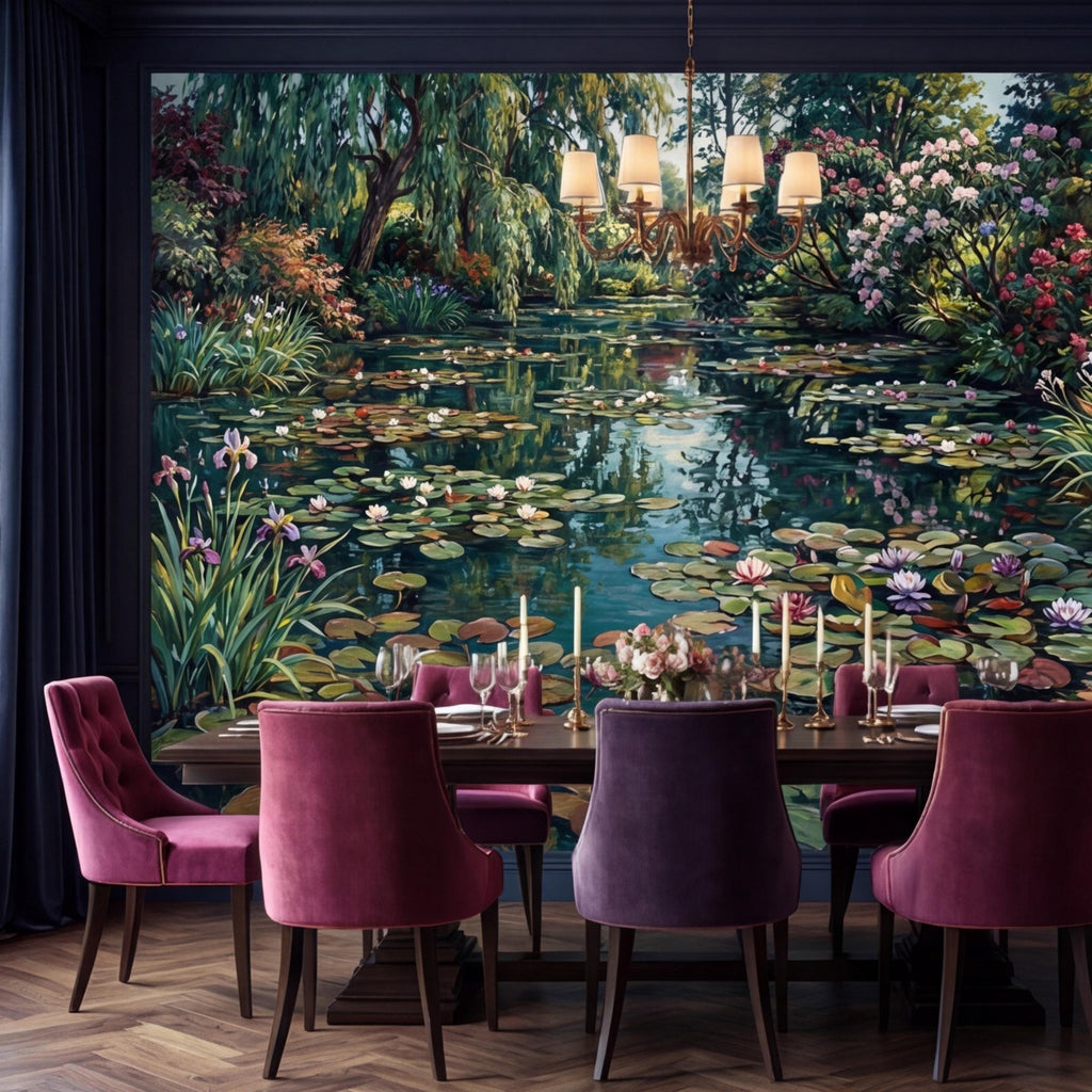Water Lily Pond Wall Mural Peel and Stick Monet Garden Removable Wallpaper, Floral Lake Landscape Mural Bedroom Living Room