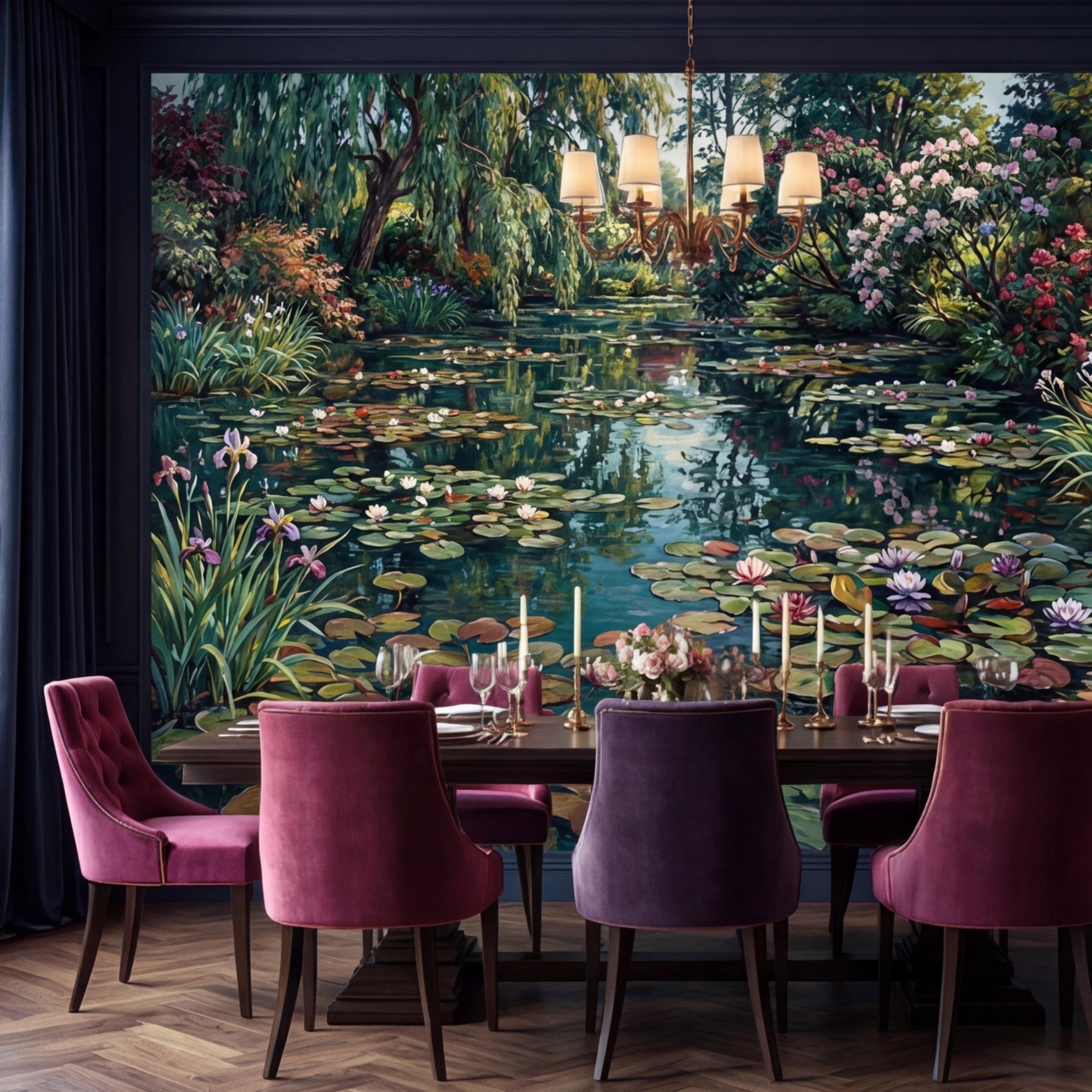 Water Lily Pond Wall Mural Peel and Stick Monet Garden Removable Wallpaper, Floral Lake Landscape Mural Bedroom Living Room