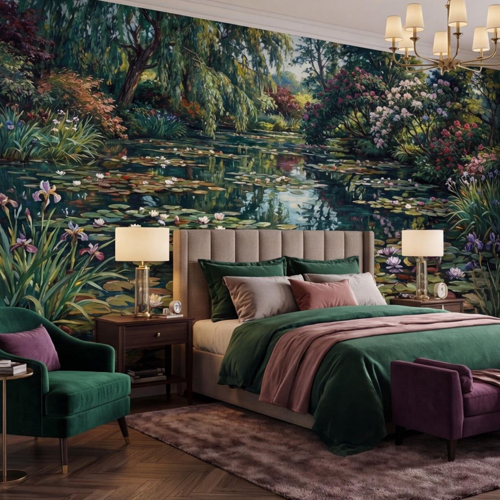Water Lily Pond Wall Mural Peel and Stick Monet Garden Removable Wallpaper, Floral Lake Landscape Mural Bedroom Living Room
