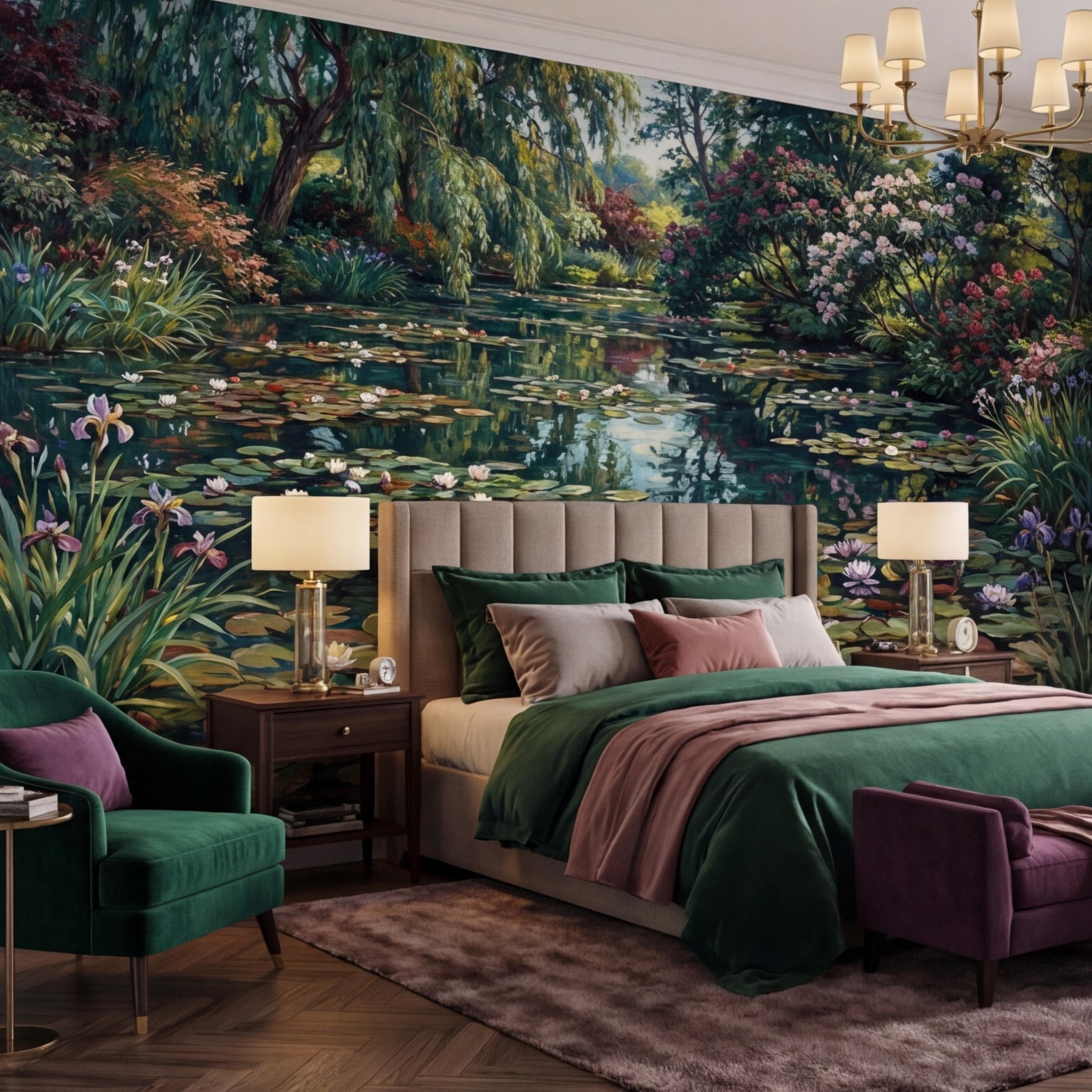 Water Lily Pond Wall Mural Peel and Stick Monet Garden Removable Wallpaper, Floral Lake Landscape Mural Bedroom Living Room