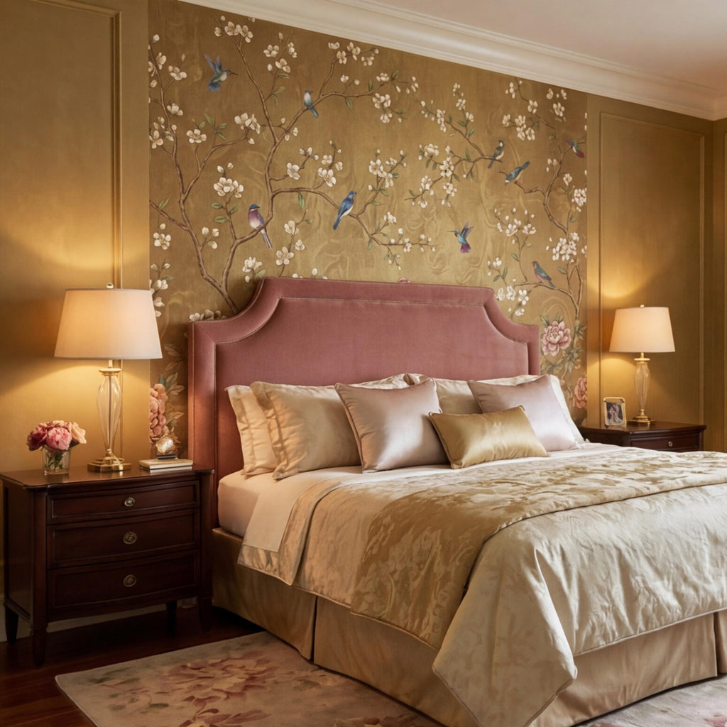 Vintage Chinoiserie Peony Bird Peel and Stick Wall Mural, Gold Look Oriental Floral Removable Wallpaper Bedroom Living Room