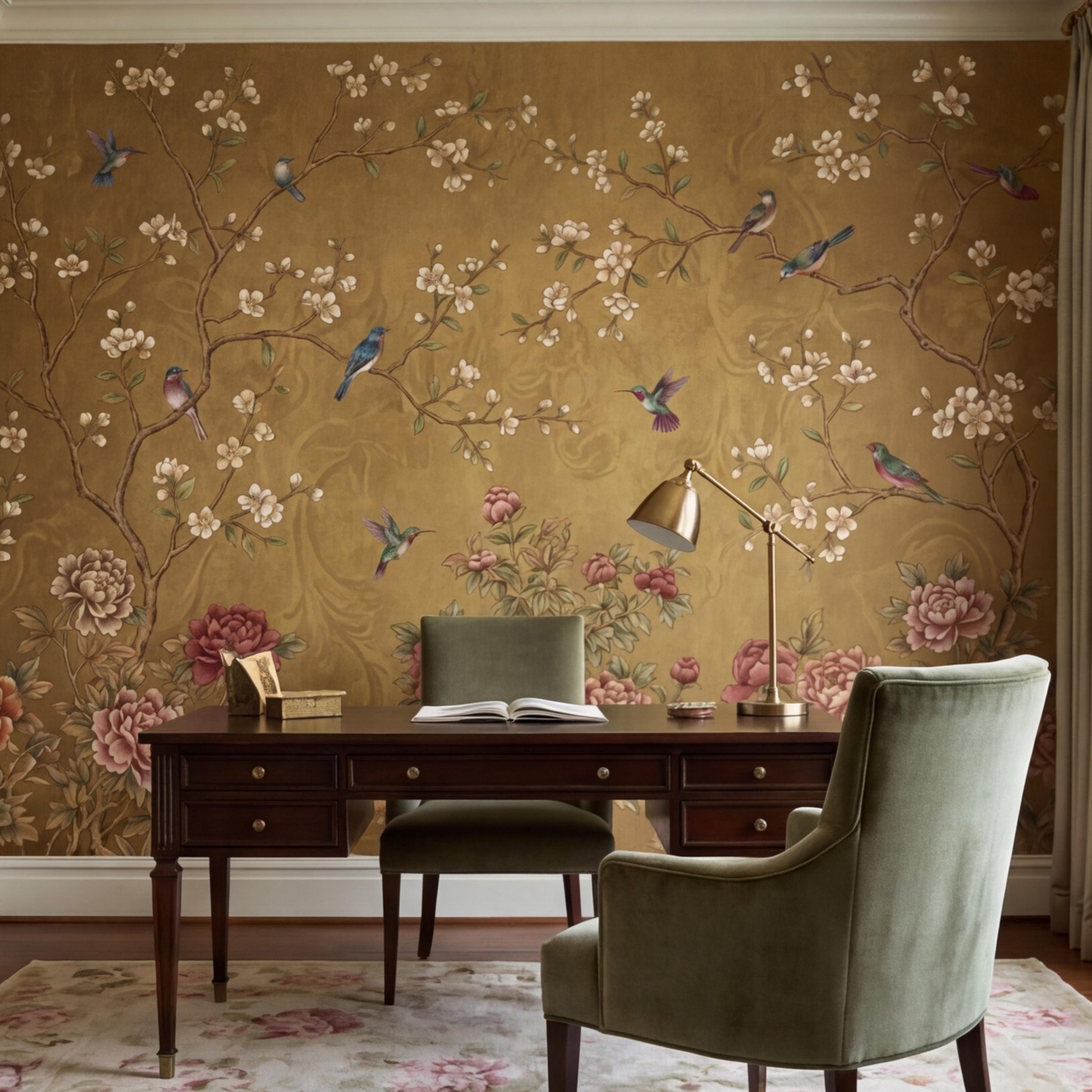 Vintage Chinoiserie Peony Bird Peel and Stick Wall Mural, Gold Look Oriental Floral Removable Wallpaper Bedroom Living Room