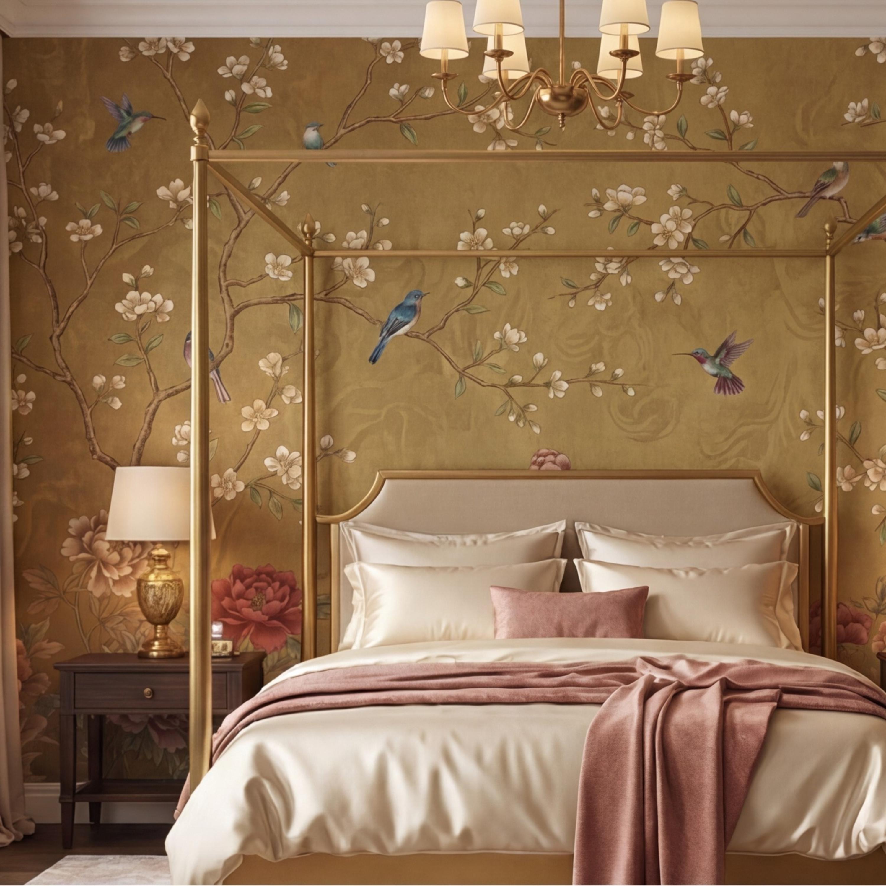 Vintage Chinoiserie Peony Bird Peel and Stick Wall Mural, Gold Look Oriental Floral Removable Wallpaper Bedroom Living Room