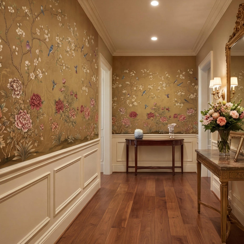 Vintage Chinoiserie Peony Bird Peel and Stick Wall Mural, Gold Look Oriental Floral Removable Wallpaper Bedroom Living Room
