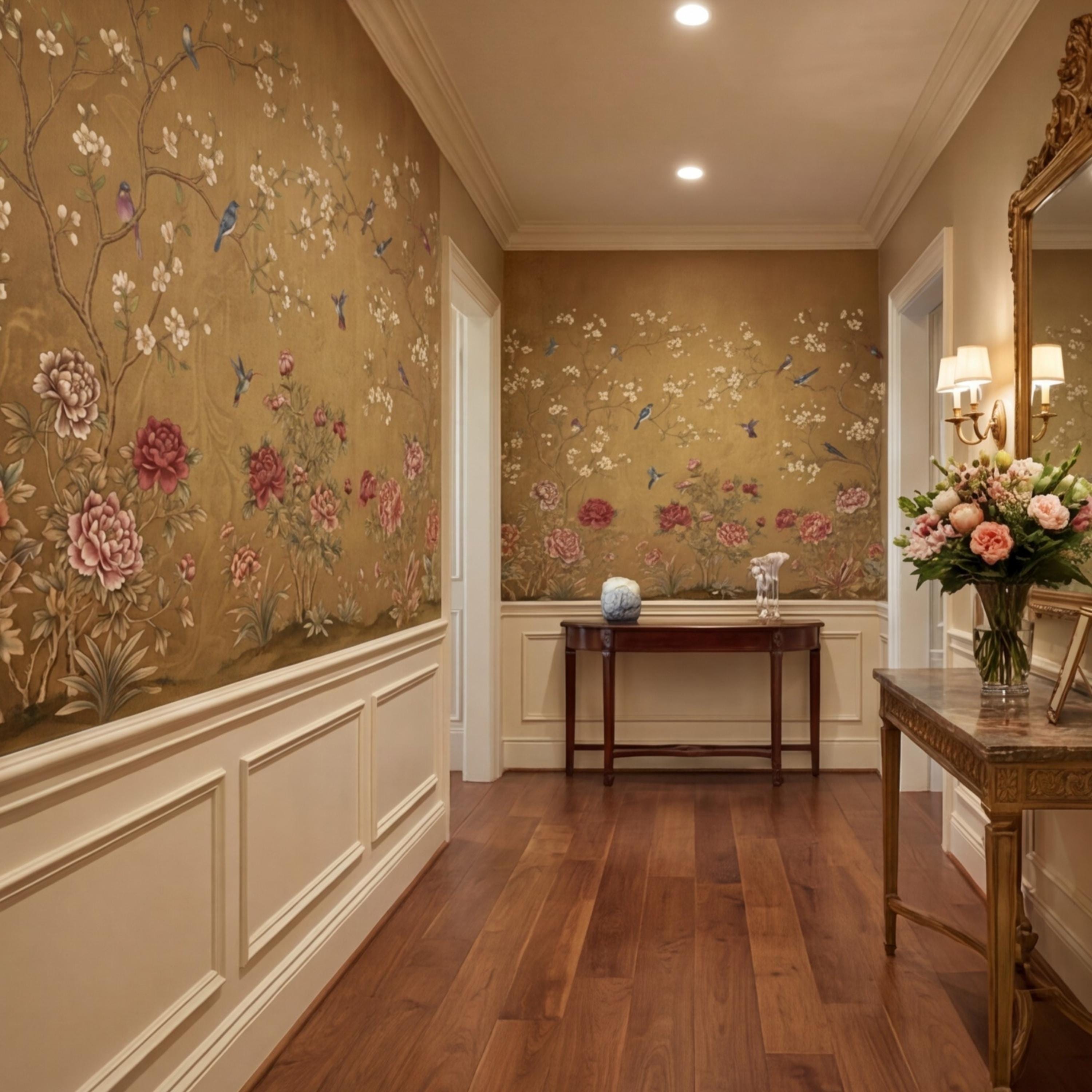 Vintage Chinoiserie Peony Bird Peel and Stick Wall Mural, Gold Look Oriental Floral Removable Wallpaper Bedroom Living Room