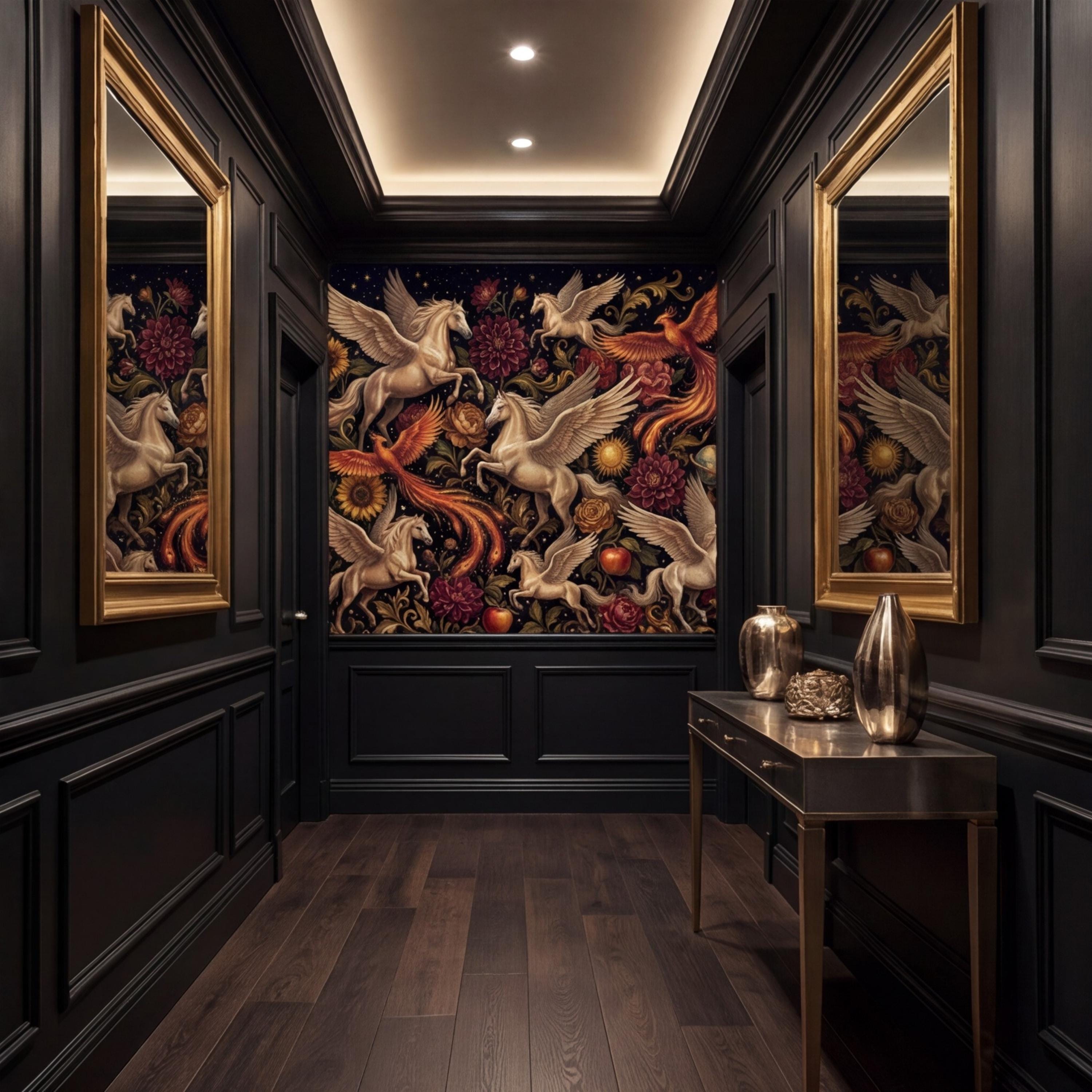 Peel and Stick Wall Mural Fantasy Pegasus & Phoenix Dark Floral Removable Wallpaper Celestial Bedroom Decor