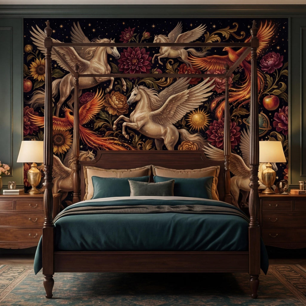 Peel and Stick Wall Mural Fantasy Pegasus & Phoenix Dark Floral Removable Wallpaper Celestial Bedroom Decor