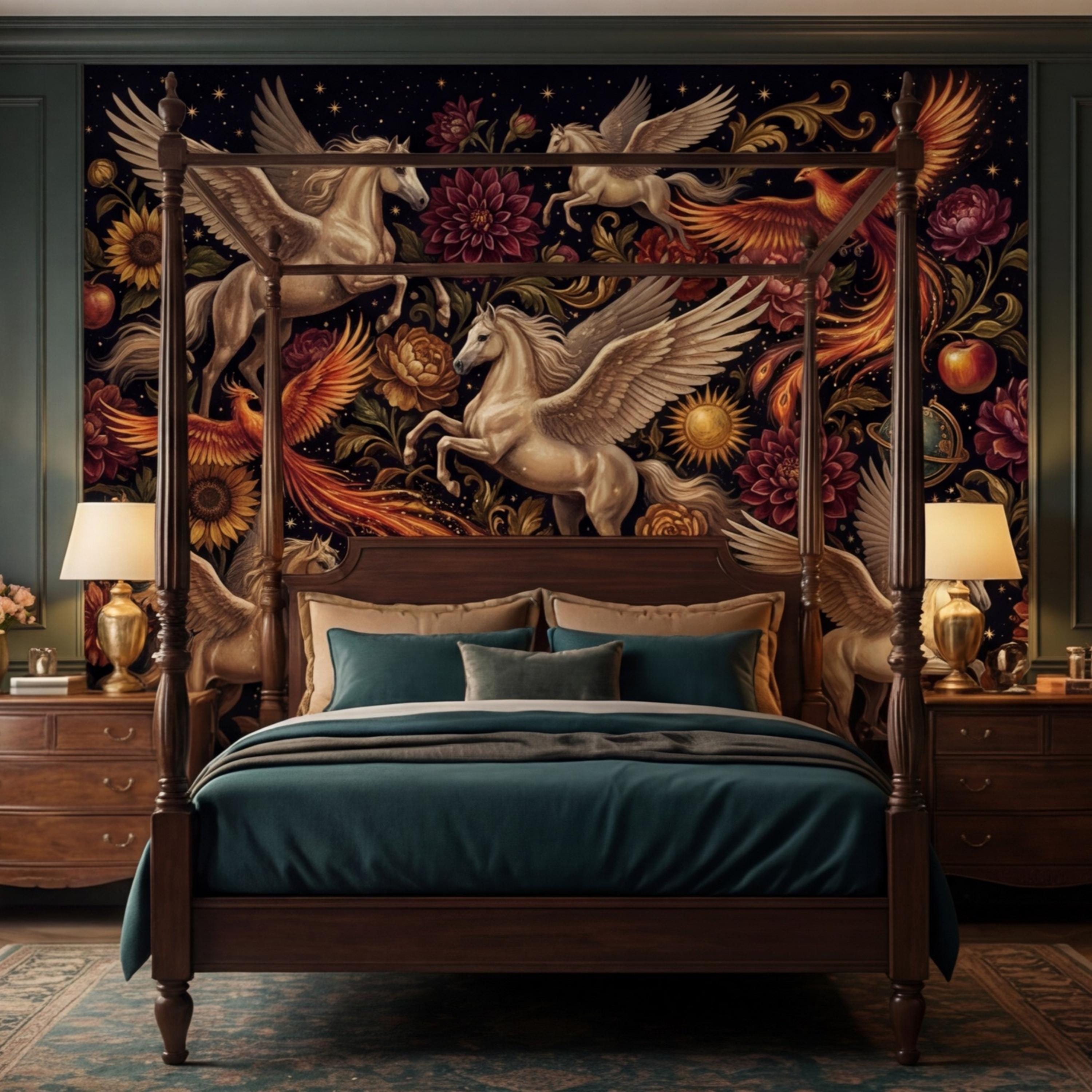 Peel and Stick Wall Mural Fantasy Pegasus & Phoenix Dark Floral Removable Wallpaper Celestial Bedroom Decor