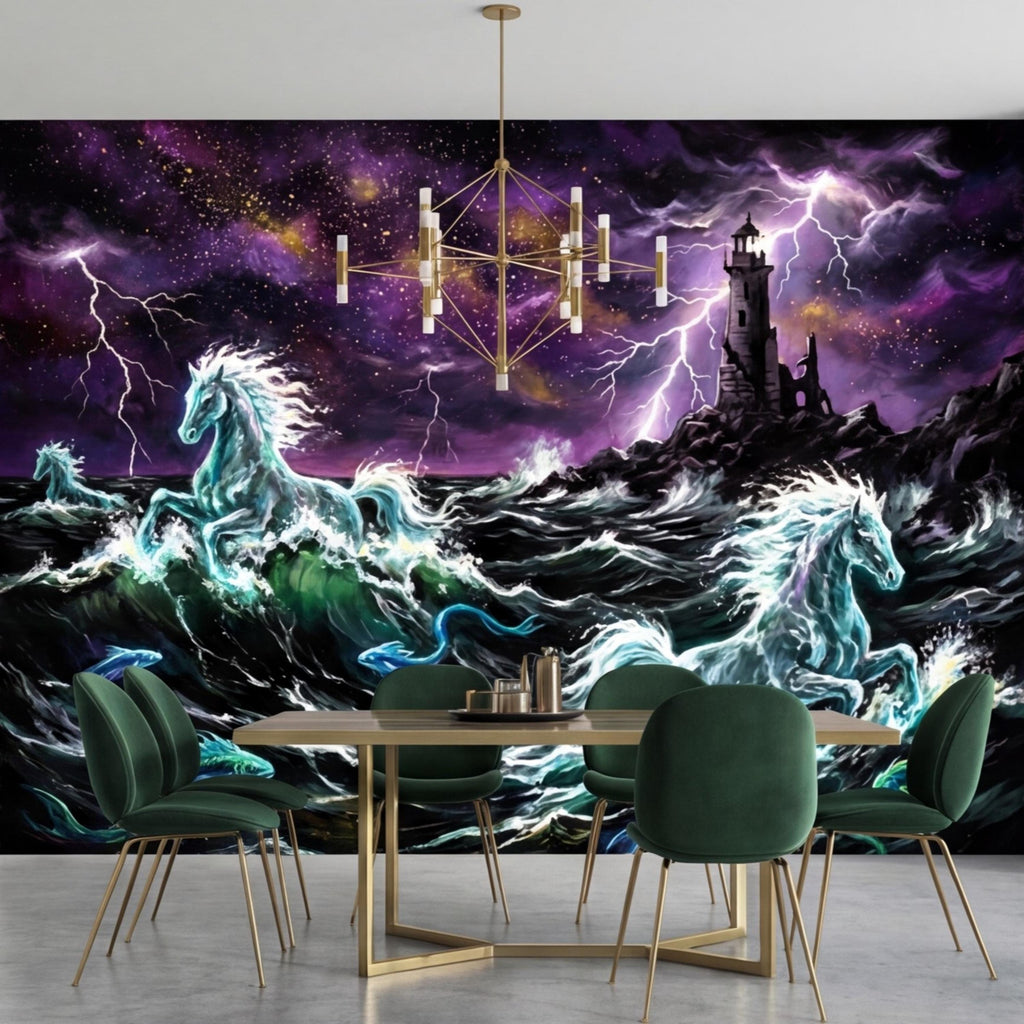 Stormy Ocean Seahorse Peel and Stick Removable Wall Mural, Lightning Lighthouse Fantasy Ocean Wallpaper