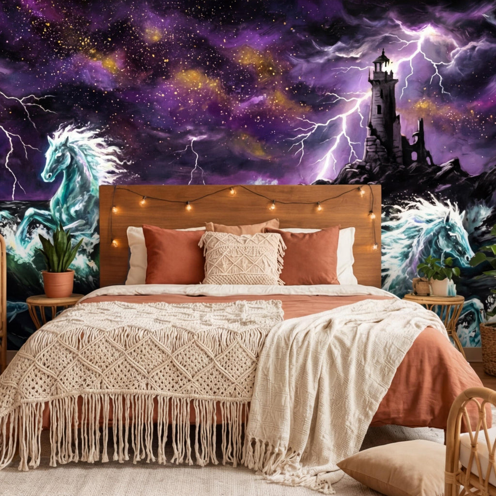 Stormy Ocean Seahorse Peel and Stick Removable Wall Mural, Lightning Lighthouse Fantasy Ocean Wallpaper