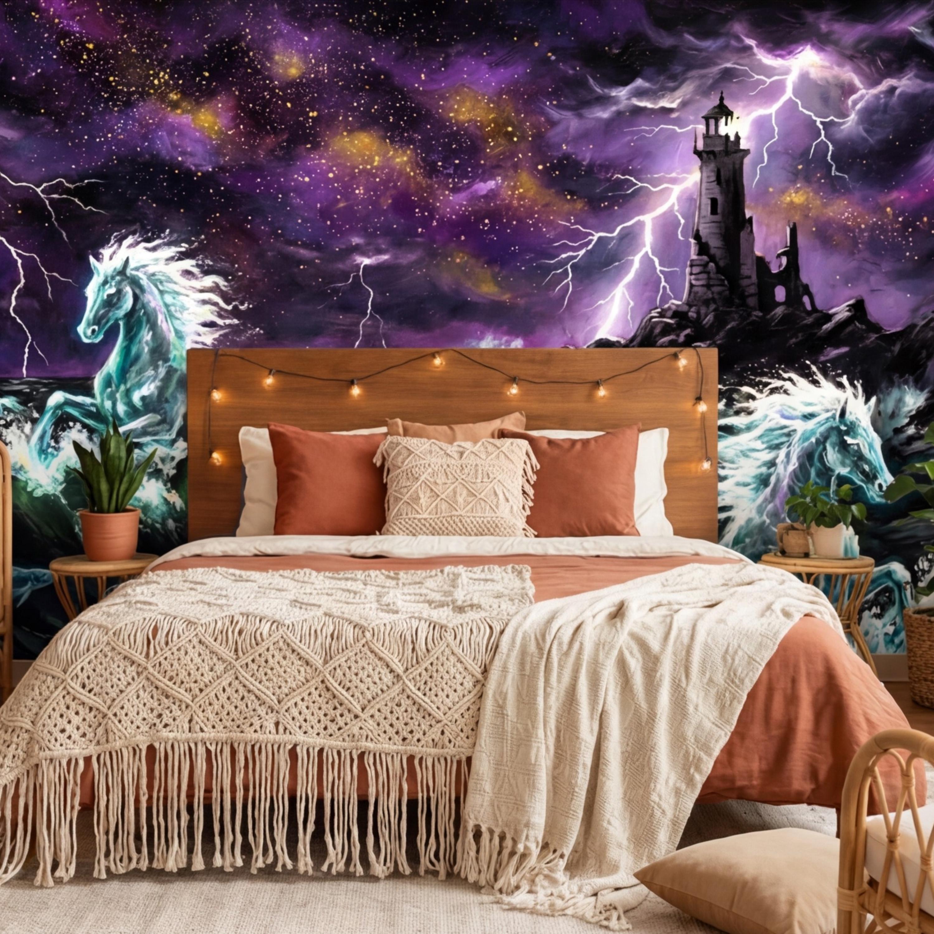 Stormy Ocean Seahorse Peel and Stick Removable Wall Mural, Lightning Lighthouse Fantasy Ocean Wallpaper
