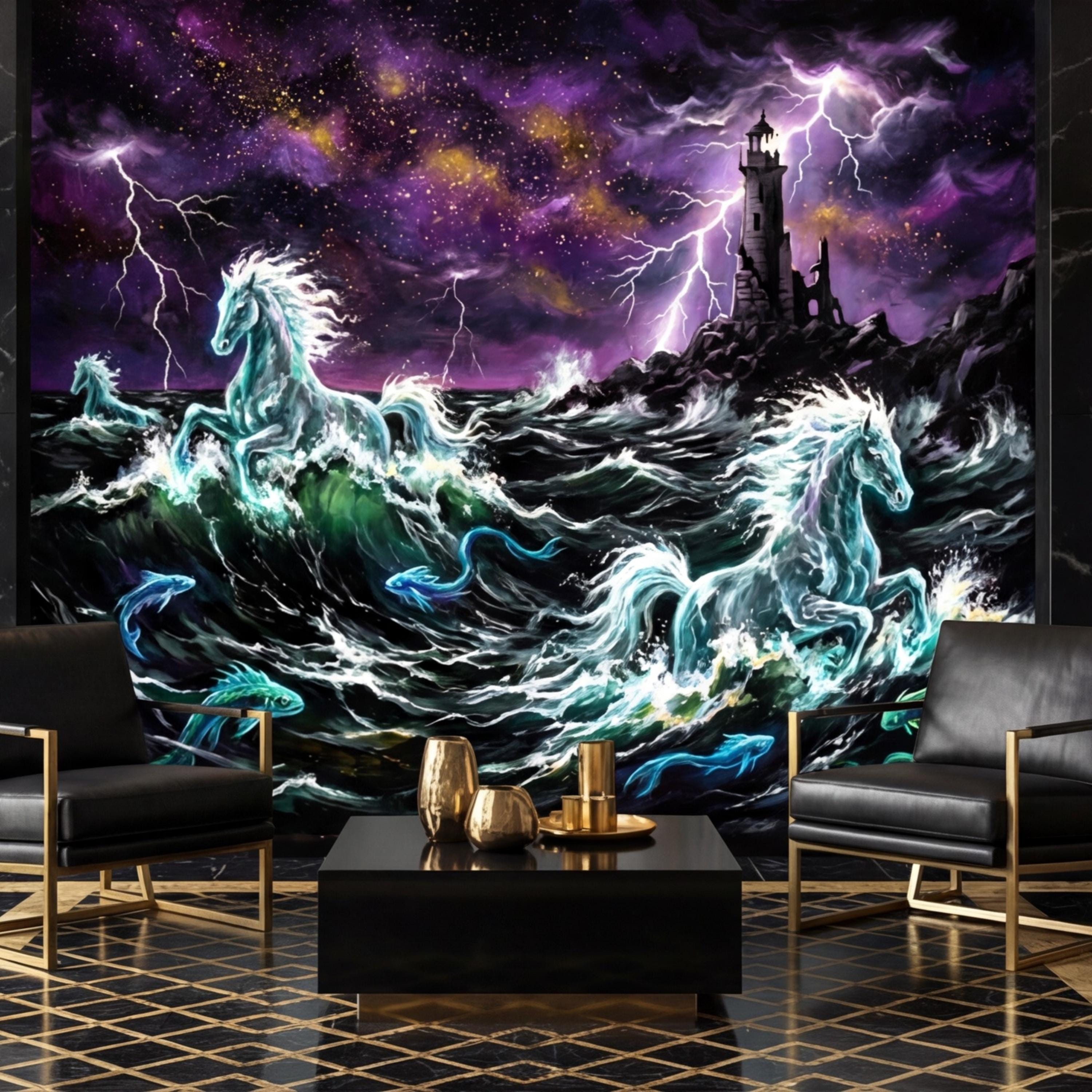 Stormy Ocean Seahorse Peel and Stick Removable Wall Mural, Lightning Lighthouse Fantasy Ocean Wallpaper