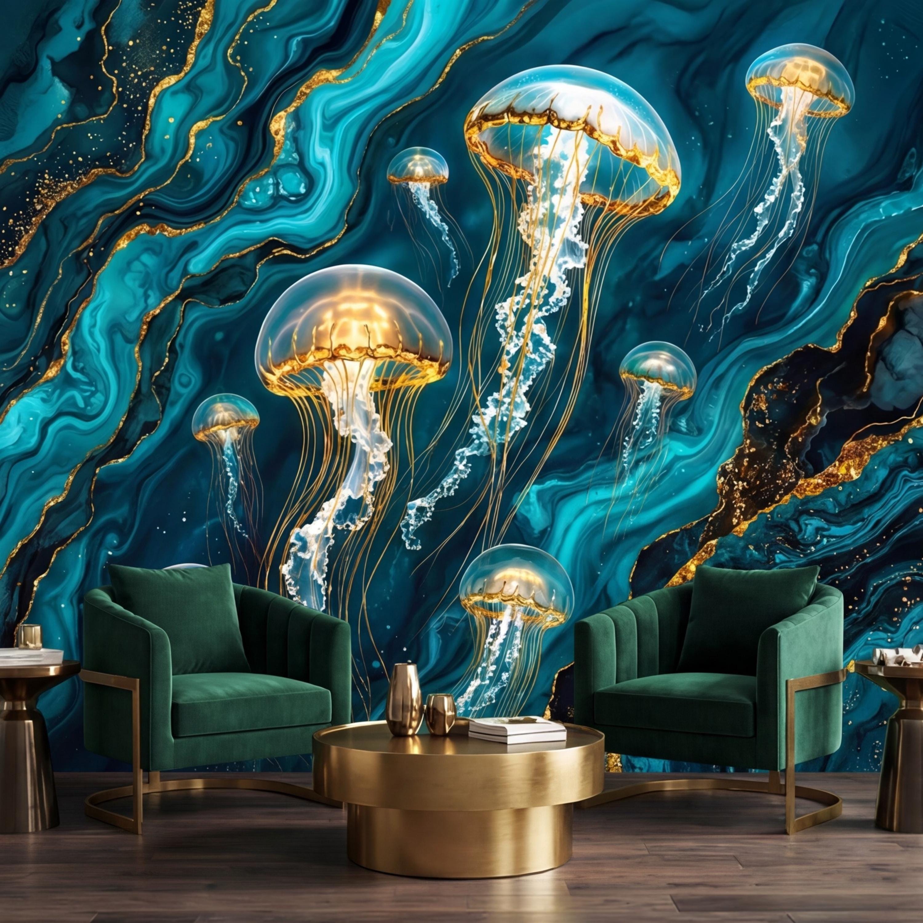 Luxury Teal Gold Look Jellyfish Peel and Stick Wall Mural, Abstract Underwater Ocean Removable Wallpaper Bathroom Bedroom Decor Wall Art
