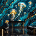 Luxury Teal Gold Look Jellyfish Peel and Stick Wall Mural, Abstract Underwater Ocean Removable Wallpaper Bathroom Bedroom Decor Wall Art