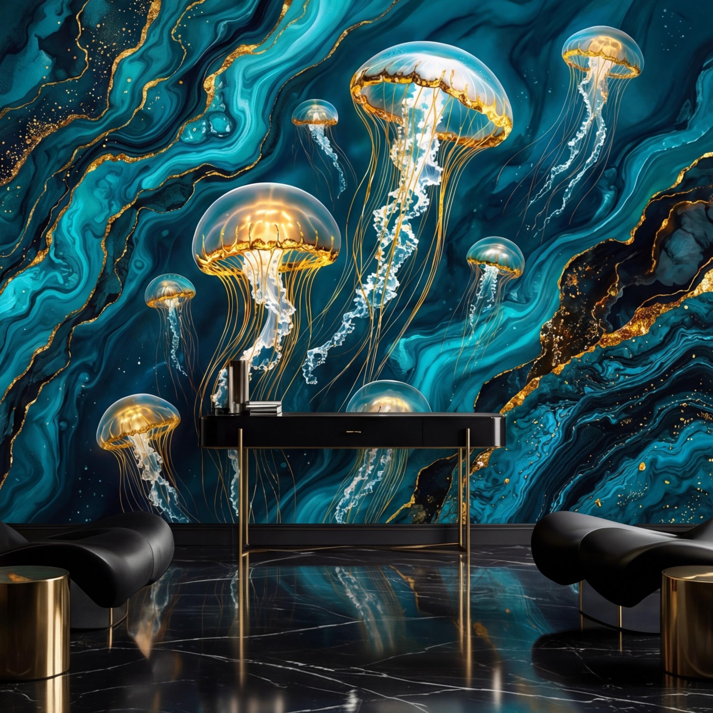 Luxury Teal Gold Look Jellyfish Peel and Stick Wall Mural, Abstract Underwater Ocean Removable Wallpaper Bathroom Bedroom Decor Wall Art