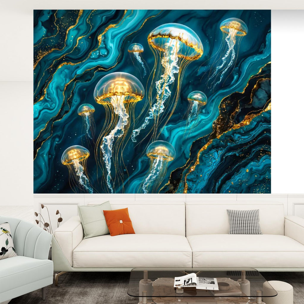 Luxury Teal Gold Look Jellyfish Peel and Stick Wall Mural, Abstract Underwater Ocean Removable Wallpaper Bathroom Bedroom Decor Wall Art