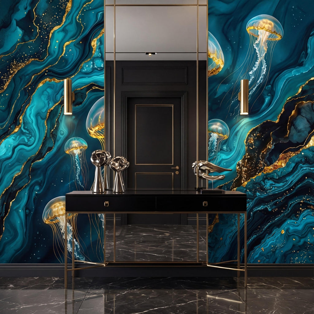 Luxury Teal Gold Look Jellyfish Peel and Stick Wall Mural, Abstract Underwater Ocean Removable Wallpaper Bathroom Bedroom Decor Wall Art