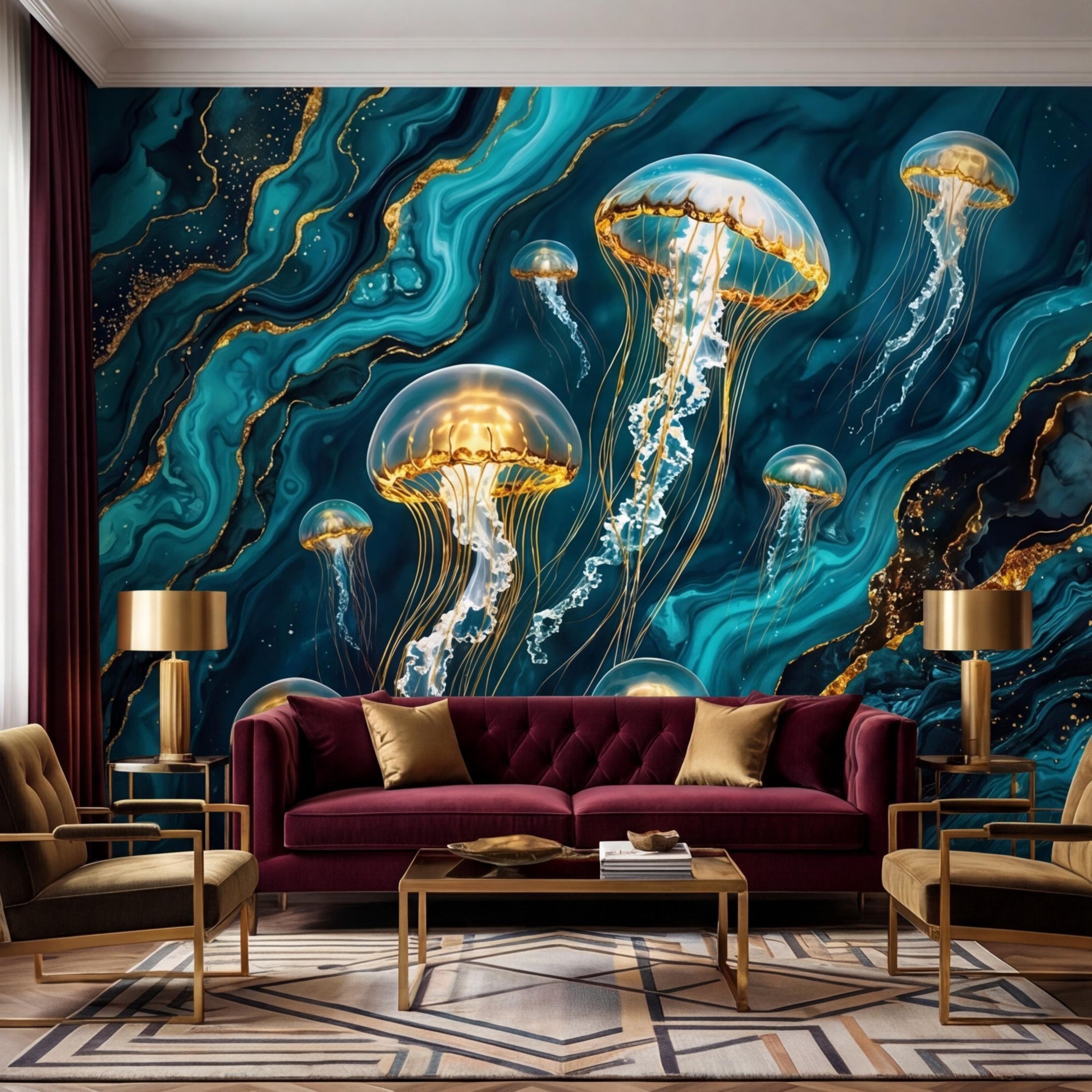 Luxury Teal Gold Look Jellyfish Peel and Stick Wall Mural, Abstract Underwater Ocean Removable Wallpaper Bathroom Bedroom Decor Wall Art