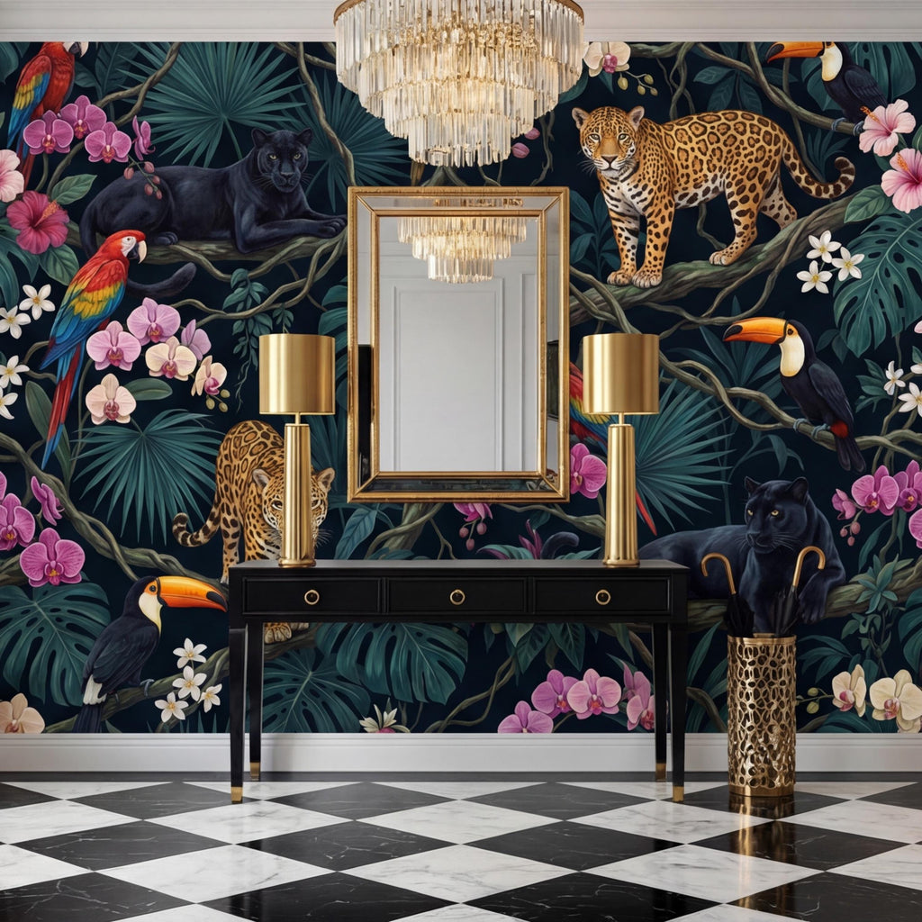 Tropical Jungle Peel and Stick Wall Mural Leopard Panther Parrot Toucan Removable Wallpaper Dark Botanical Kids Room Decor