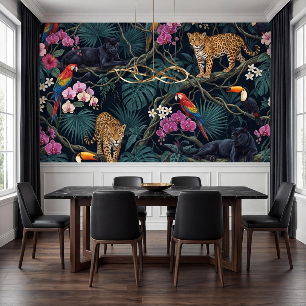 Tropical Jungle Peel and Stick Wall Mural Leopard Panther Parrot Toucan Removable Wallpaper Dark Botanical Kids Room Decor