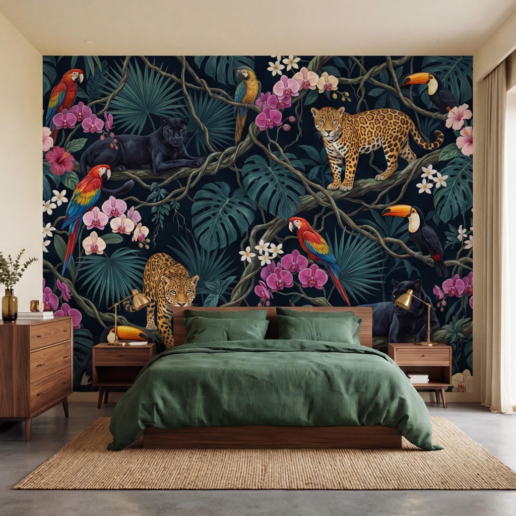 Tropical Jungle Peel and Stick Wall Mural Leopard Panther Parrot Toucan Removable Wallpaper Dark Botanical Kids Room Decor