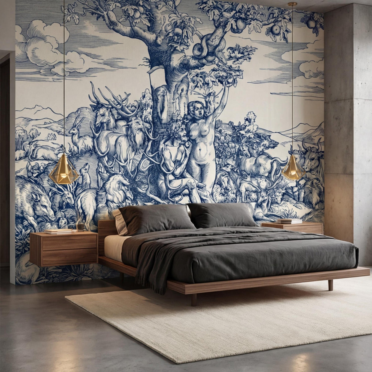 Blue and white toile wall mural featuring a central biblical figure and animals