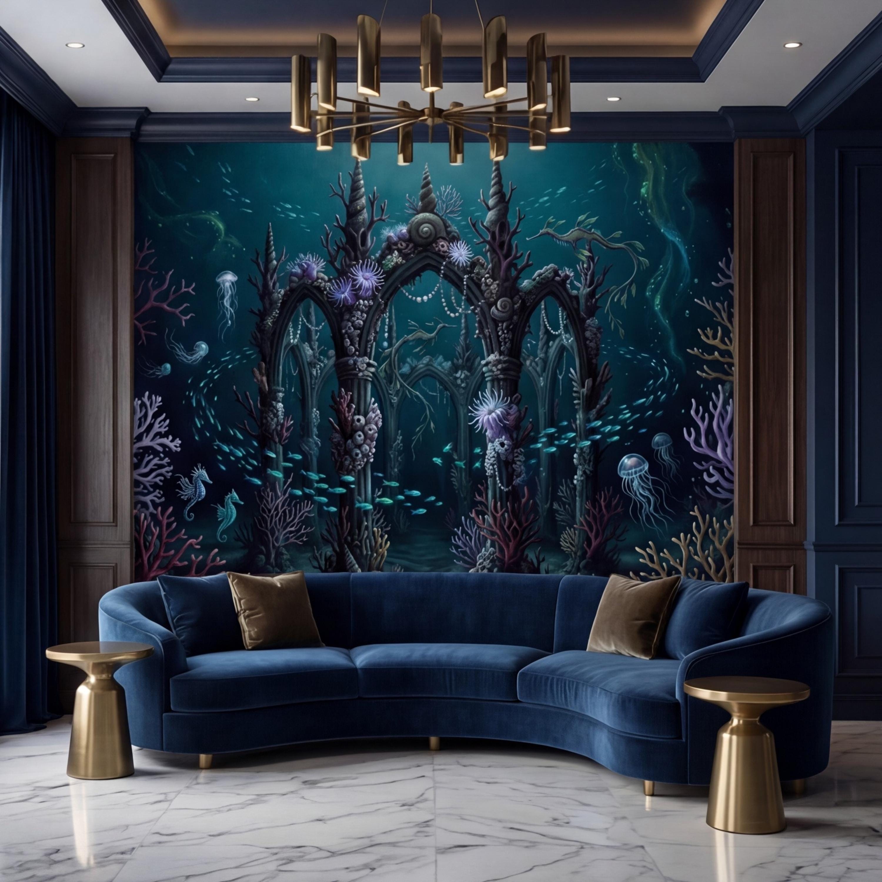 Underwater Ruins Ocean Peel and Stick Wall Mural, Fantasy Coral Reef Removable Wallpaper Bathroom Kids Room Bedroom Decor