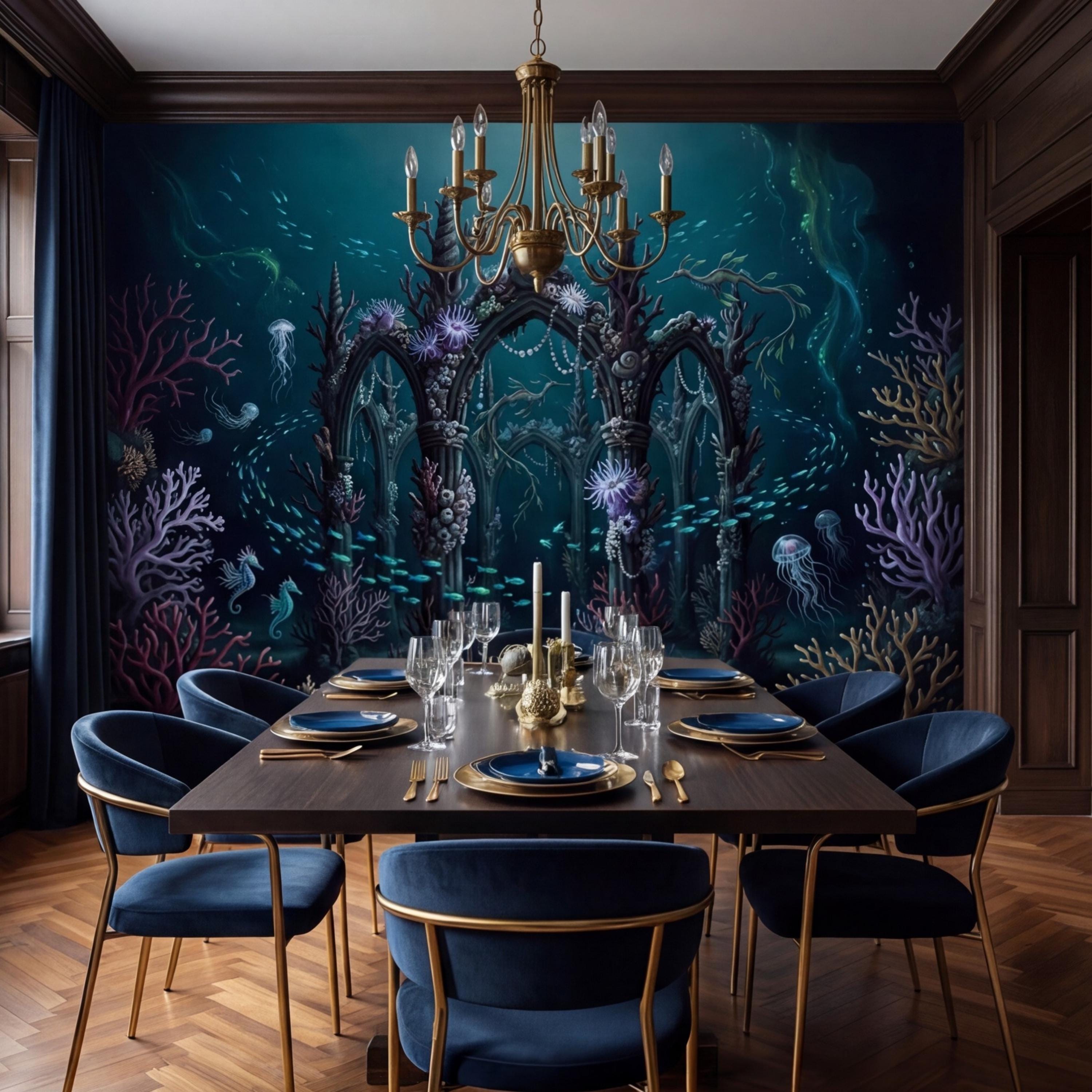 Underwater Ruins Ocean Peel and Stick Wall Mural, Fantasy Coral Reef Removable Wallpaper Bathroom Kids Room Bedroom Decor
