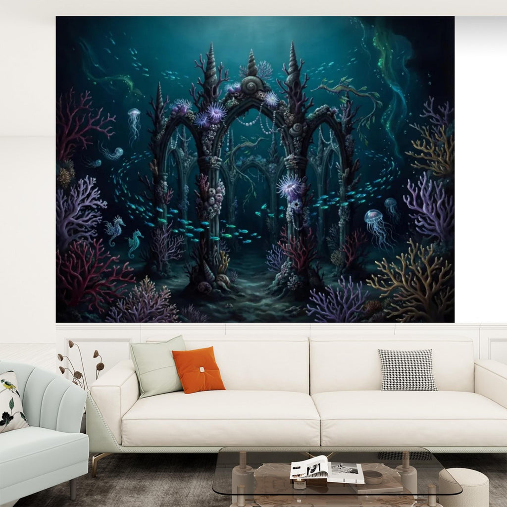 Underwater Ruins Ocean Peel and Stick Wall Mural, Fantasy Coral Reef Removable Wallpaper Bathroom Kids Room Bedroom Decor