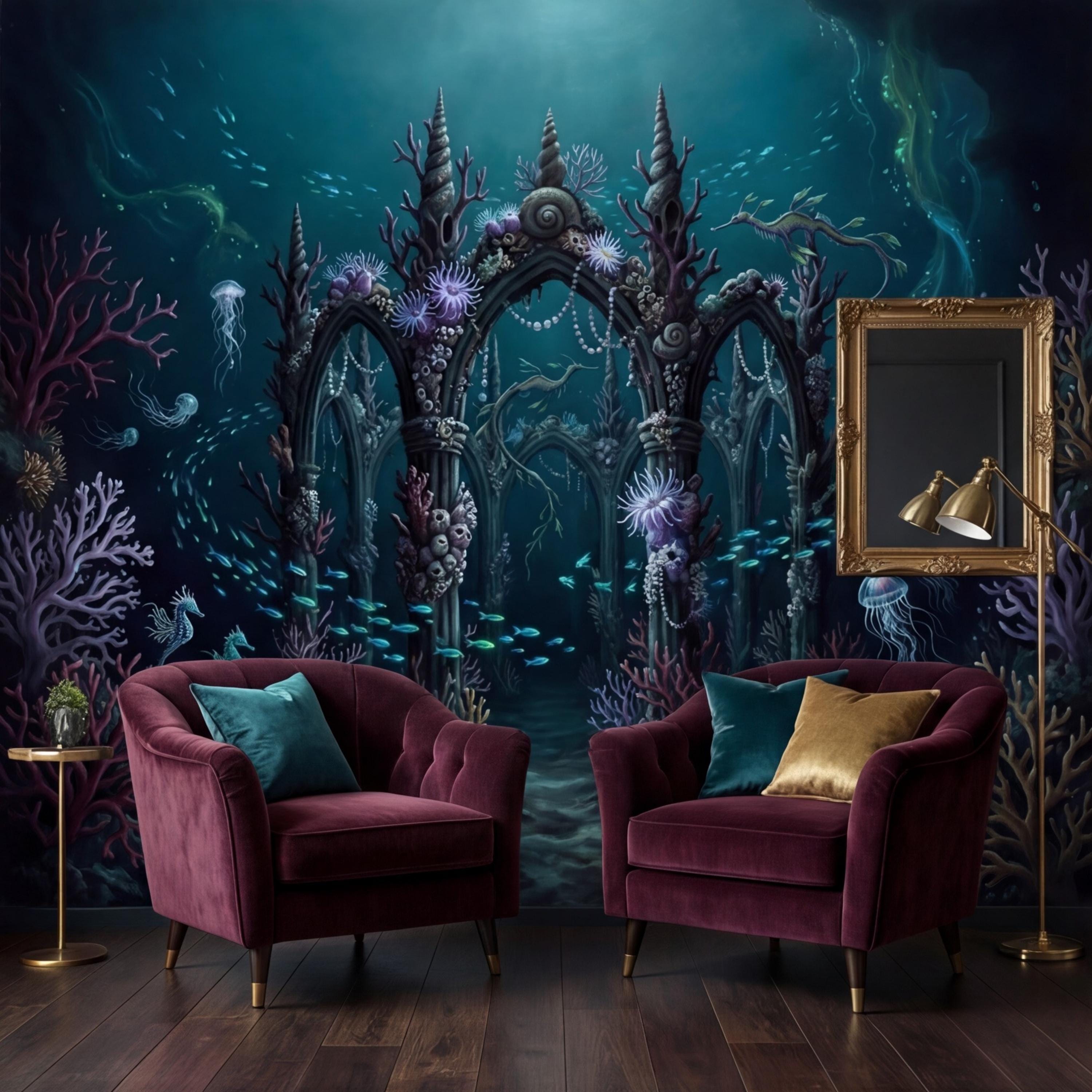 Underwater Ruins Ocean Peel and Stick Wall Mural, Fantasy Coral Reef Removable Wallpaper Bathroom Kids Room Bedroom Decor