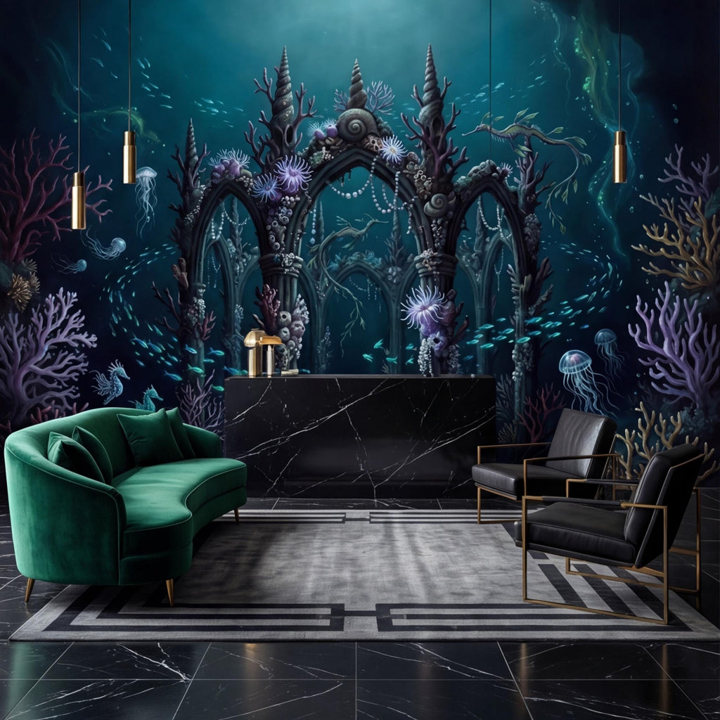 Underwater Ruins Ocean Peel and Stick Wall Mural, Fantasy Coral Reef Removable Wallpaper Bathroom Kids Room Bedroom Decor