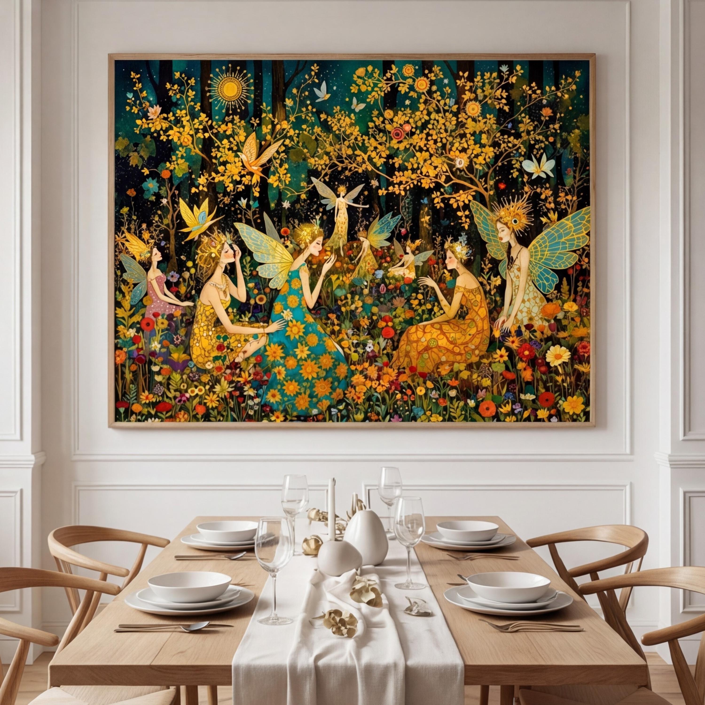 Enchanted Fairy Forest Peel and Stick Wall Mural, Art Nouveau Floral Garden Wallpaper, Boho Nursery Bedroom Accent Wall Decor