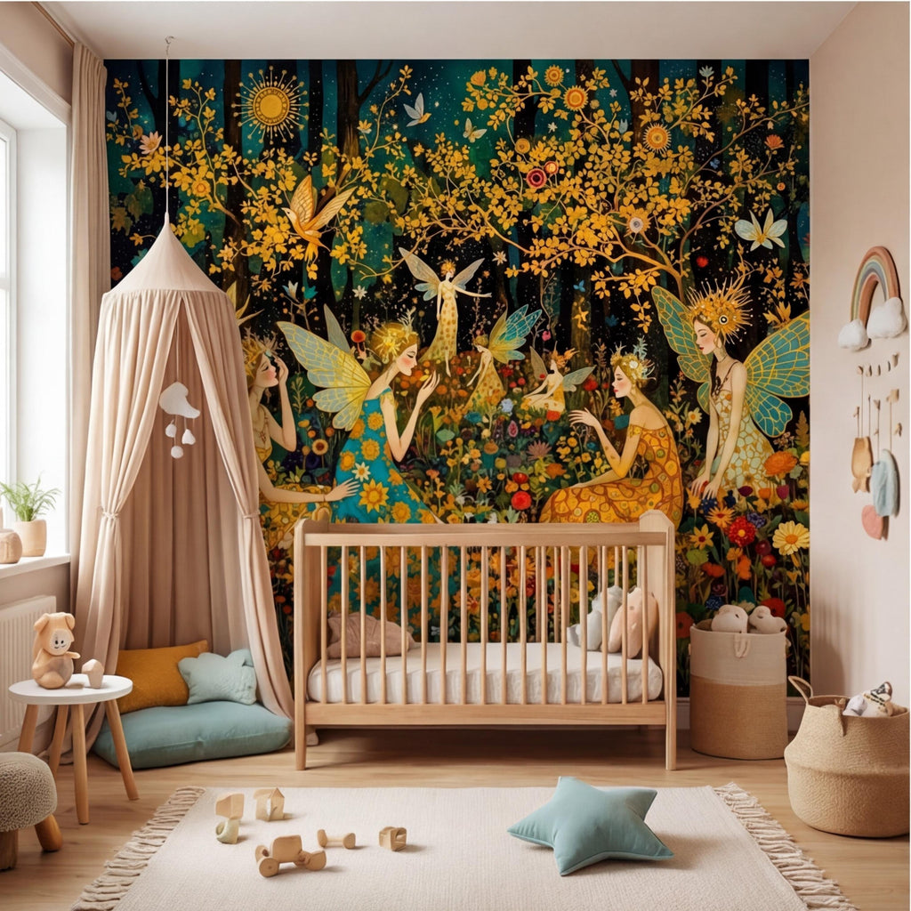 Enchanted Fairy Forest Peel and Stick Wall Mural, Art Nouveau Floral Garden Wallpaper, Boho Nursery Bedroom Accent Wall Decor