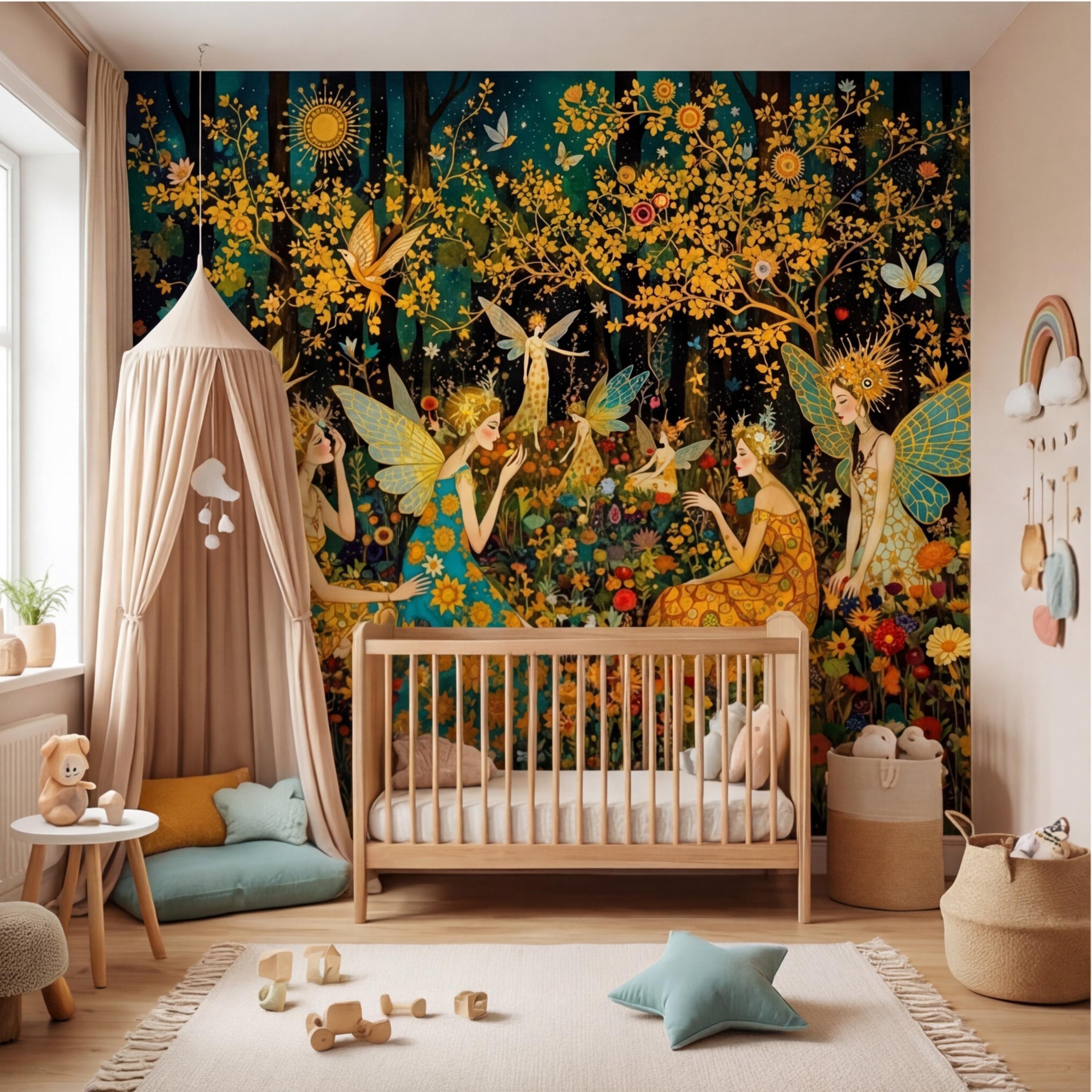Enchanted Fairy Forest Peel and Stick Wall Mural, Art Nouveau Floral Garden Wallpaper, Boho Nursery Bedroom Accent Wall Decor