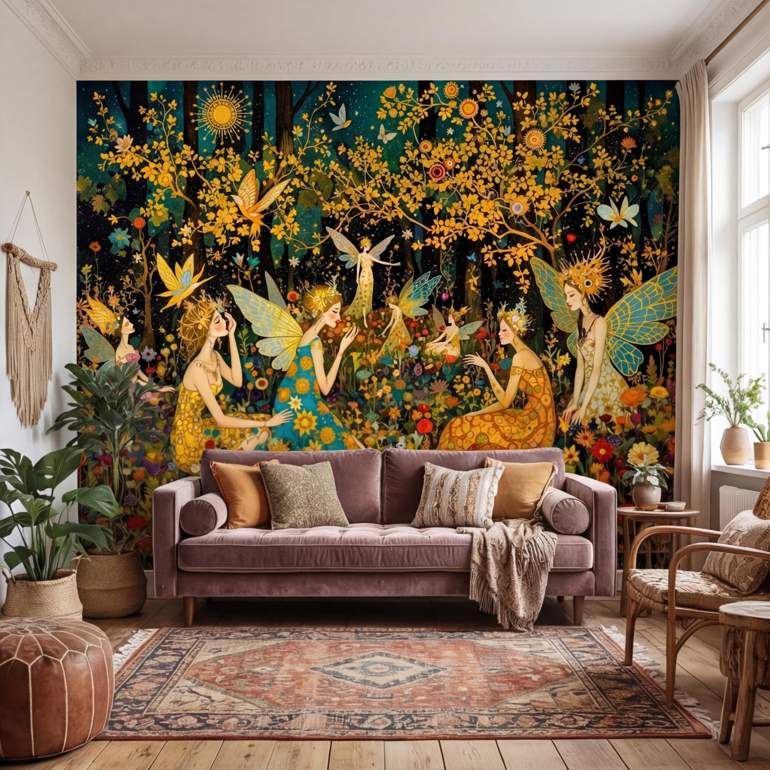 Enchanted Fairy Forest Peel and Stick Wall Mural, Art Nouveau Floral Garden Wallpaper, Boho Nursery Bedroom Accent Wall Decor