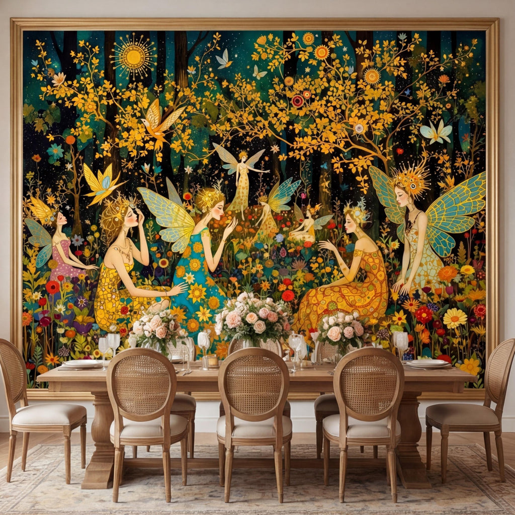 Enchanted Fairy Forest Peel and Stick Wall Mural, Art Nouveau Floral Garden Wallpaper, Boho Nursery Bedroom Accent Wall Decor
