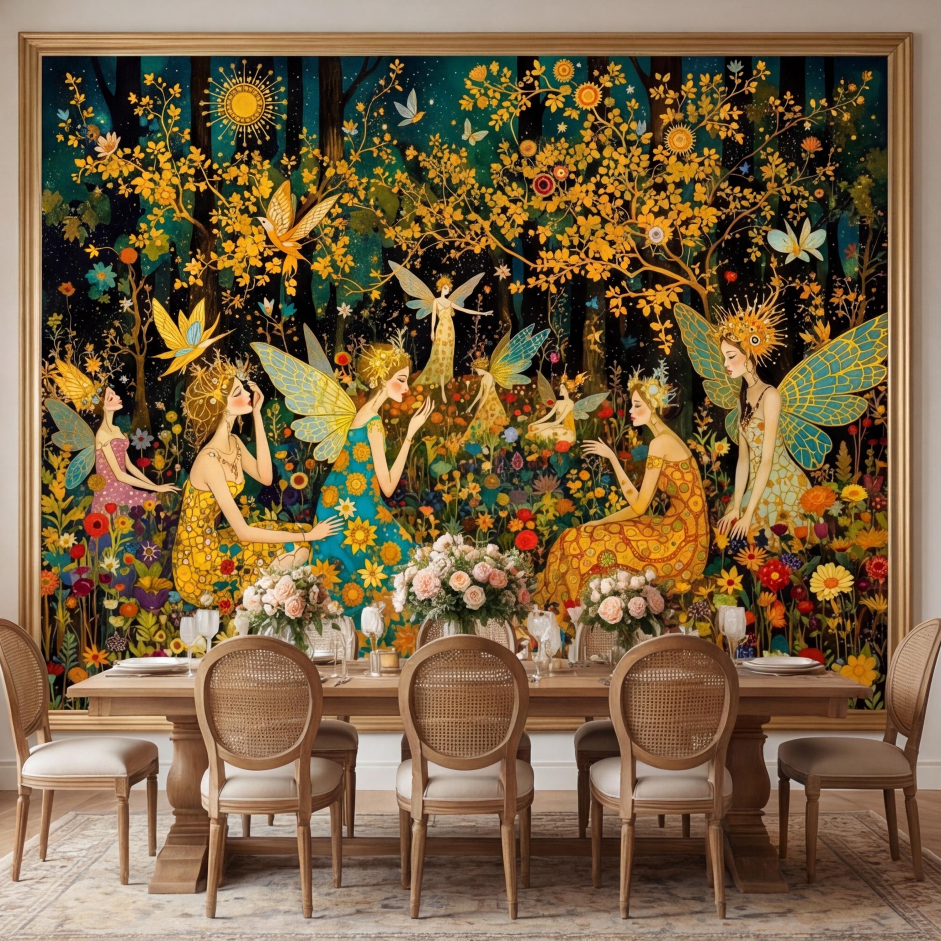 Enchanted Fairy Forest Peel and Stick Wall Mural, Art Nouveau Floral Garden Wallpaper, Boho Nursery Bedroom Accent Wall Decor