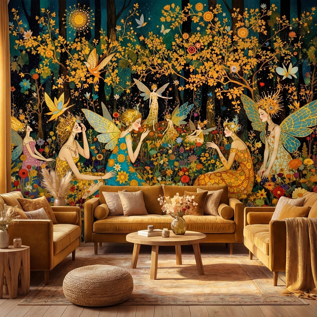 Enchanted Fairy Forest Peel and Stick Wall Mural, Art Nouveau Floral Garden Wallpaper, Boho Nursery Bedroom Accent Wall Decor