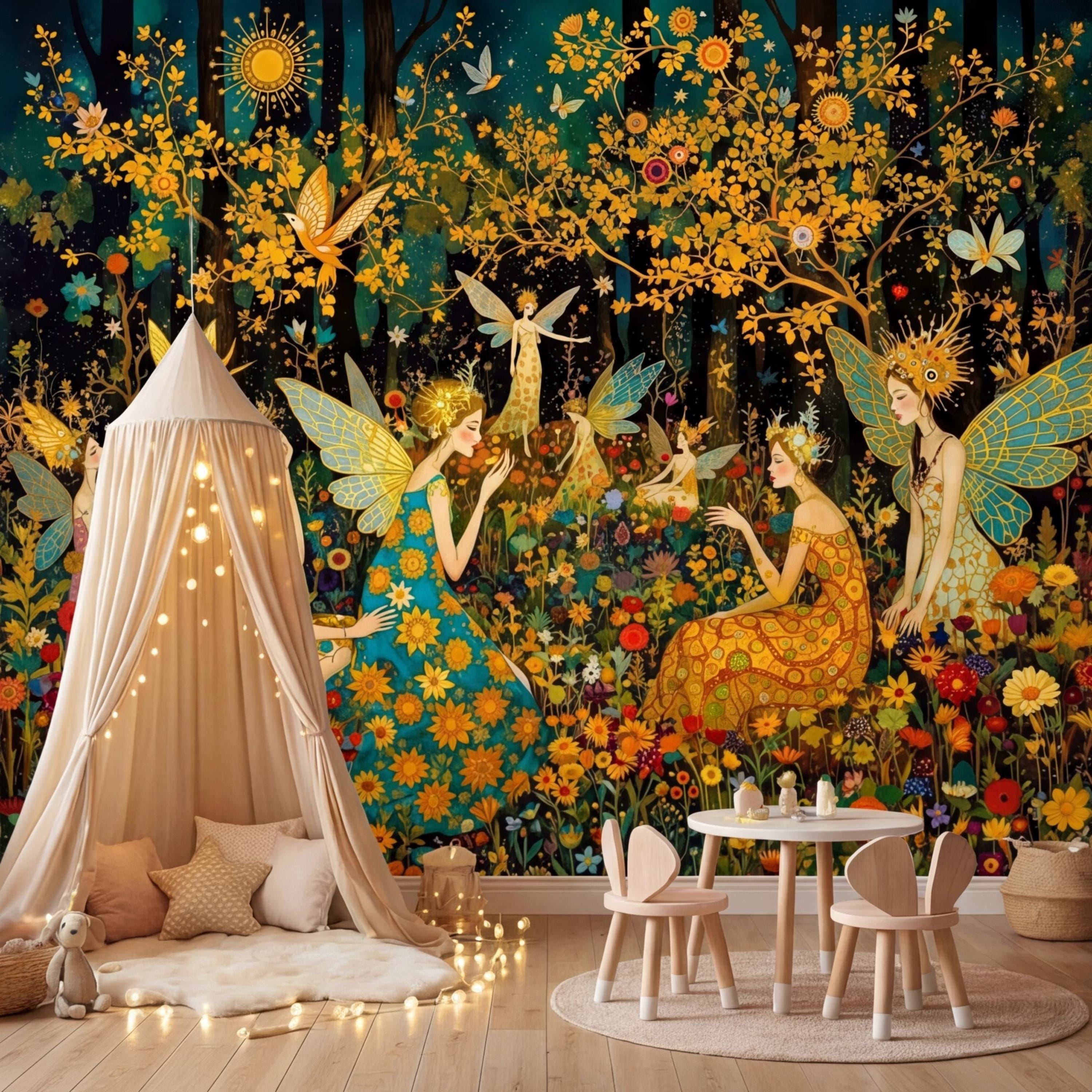 Enchanted Fairy Forest Peel and Stick Wall Mural, Art Nouveau Floral Garden Wallpaper, Boho Nursery Bedroom Accent Wall Decor